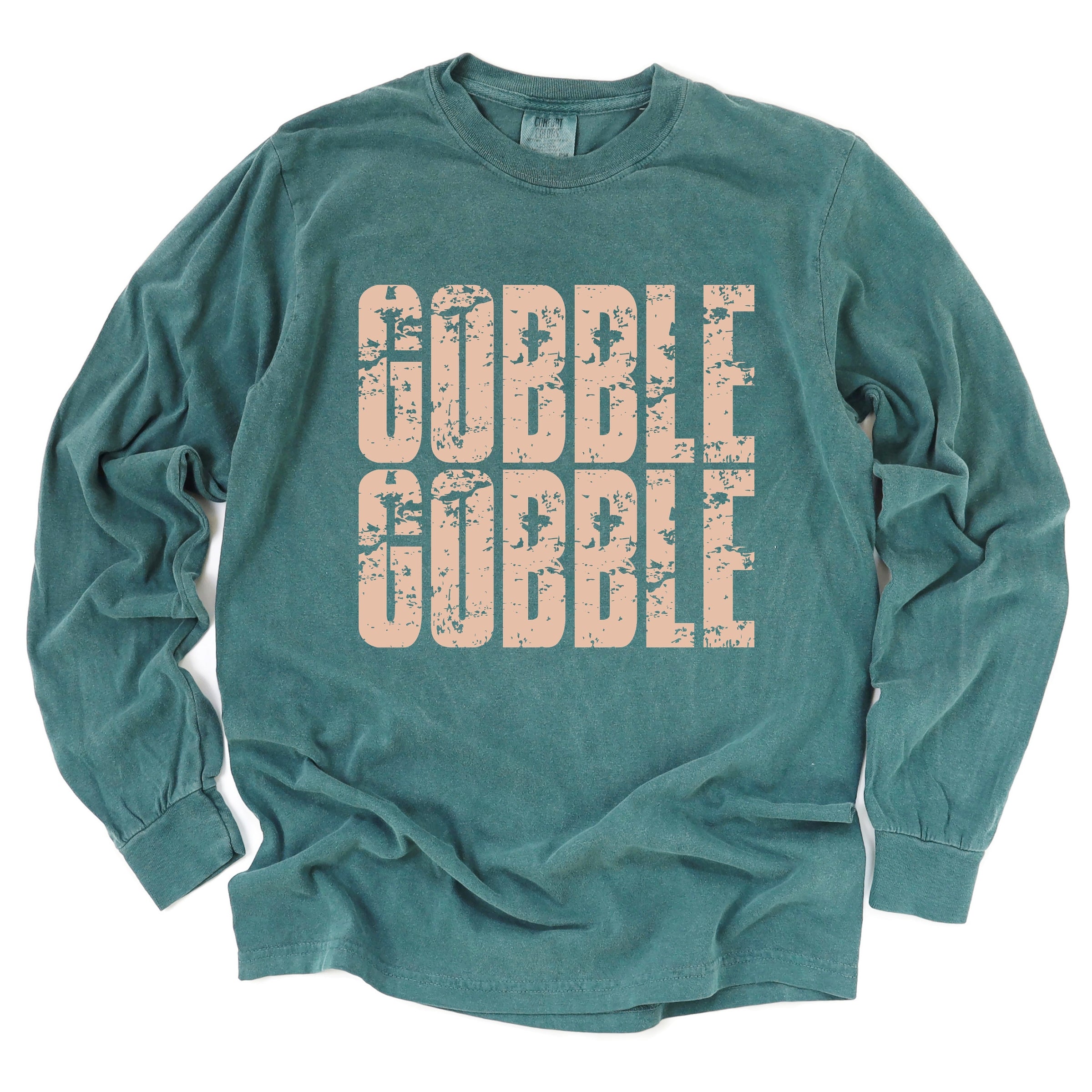 Gobble Gobble Block Distressed - Women's Garment Dyed Long Sleeve Graphic T-Shirt