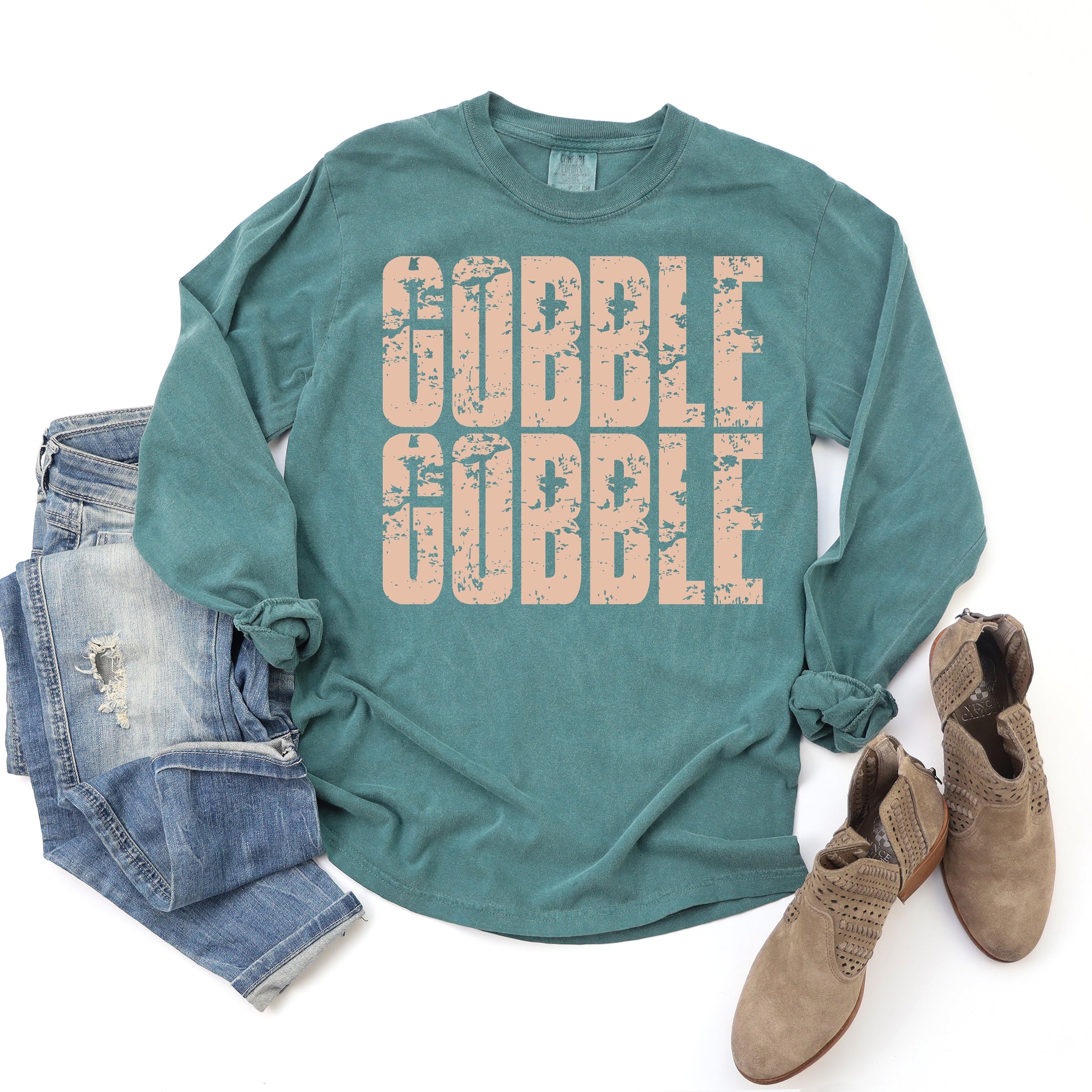 Gobble Gobble Block Distressed - Women's Garment Dyed Long Sleeve Graphic T-Shirt