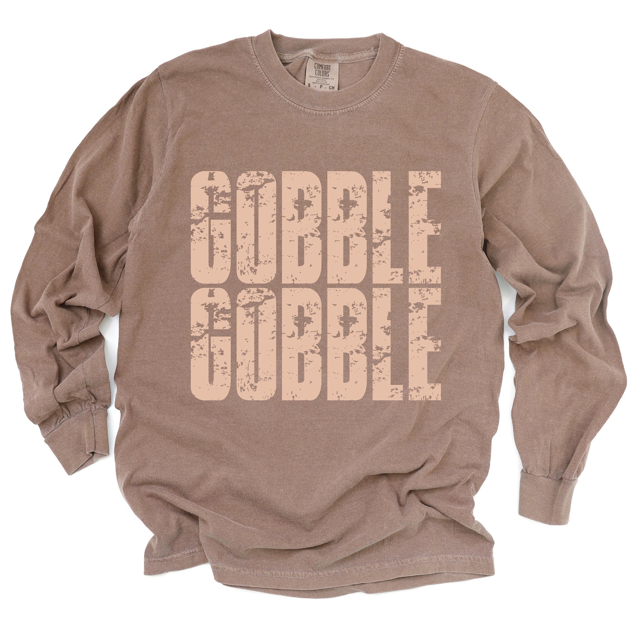 Gobble Gobble Block Distressed - Women's Garment Dyed Long Sleeve Graphic T-Shirt