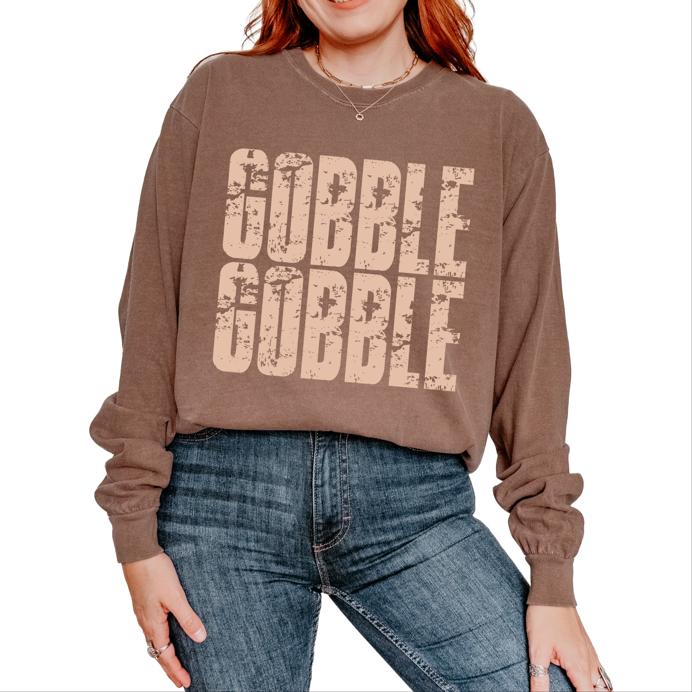 Gobble Gobble Block Distressed - Women's Garment Dyed Long Sleeve Graphic T-Shirt