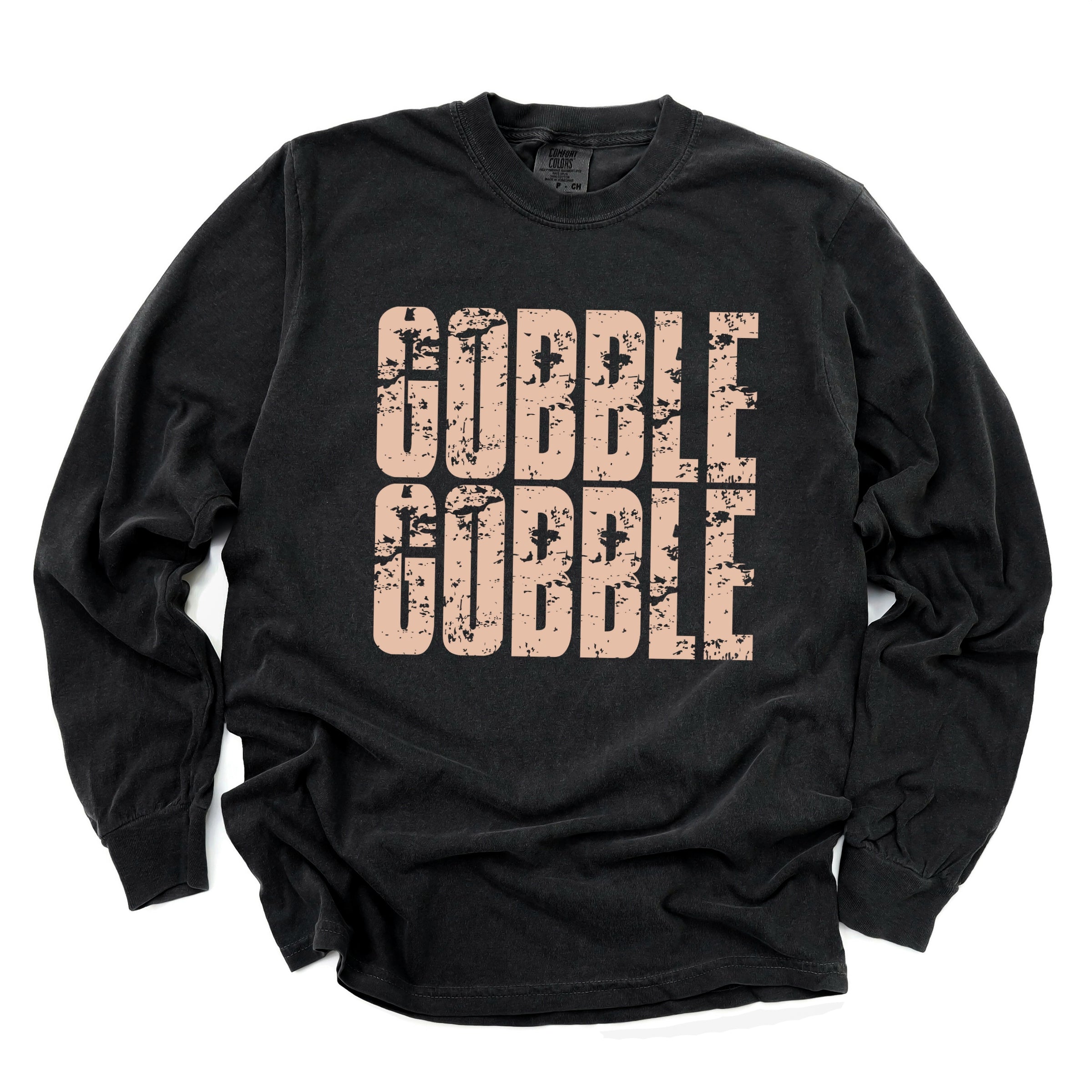 Gobble Gobble Block Distressed - Women's Garment Dyed Long Sleeve Graphic T-Shirt
