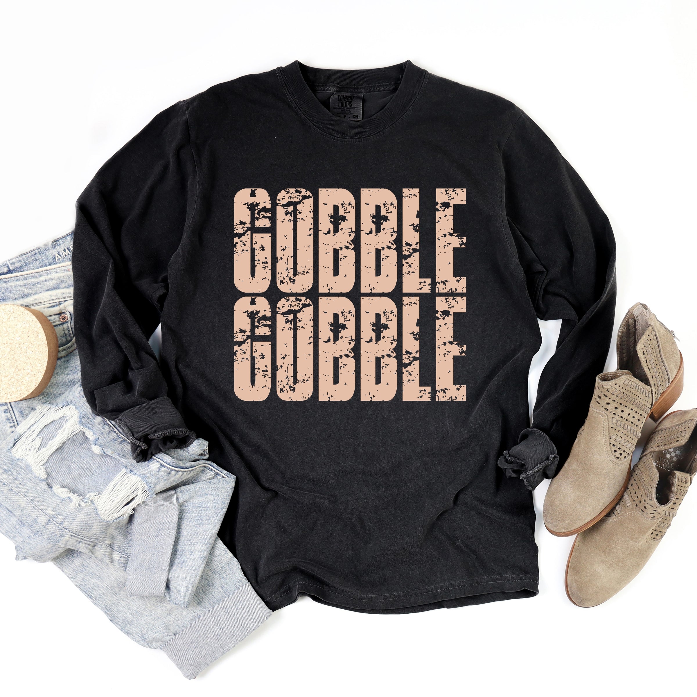 Gobble Gobble Block Distressed - Women's Garment Dyed Long Sleeve Graphic T-Shirt