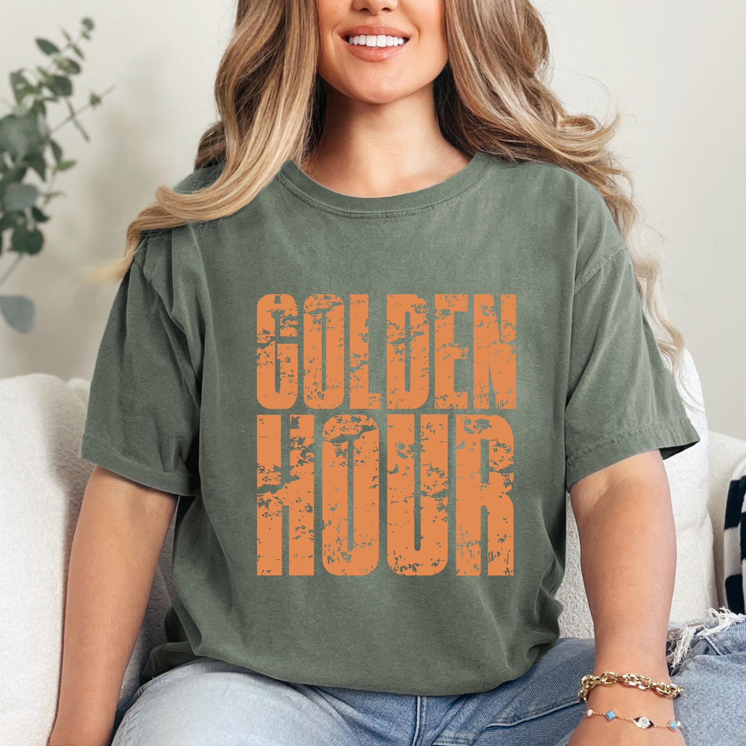 Golden Hour Block Distressed - Women's Garment Dyed Graphic T-Shirt