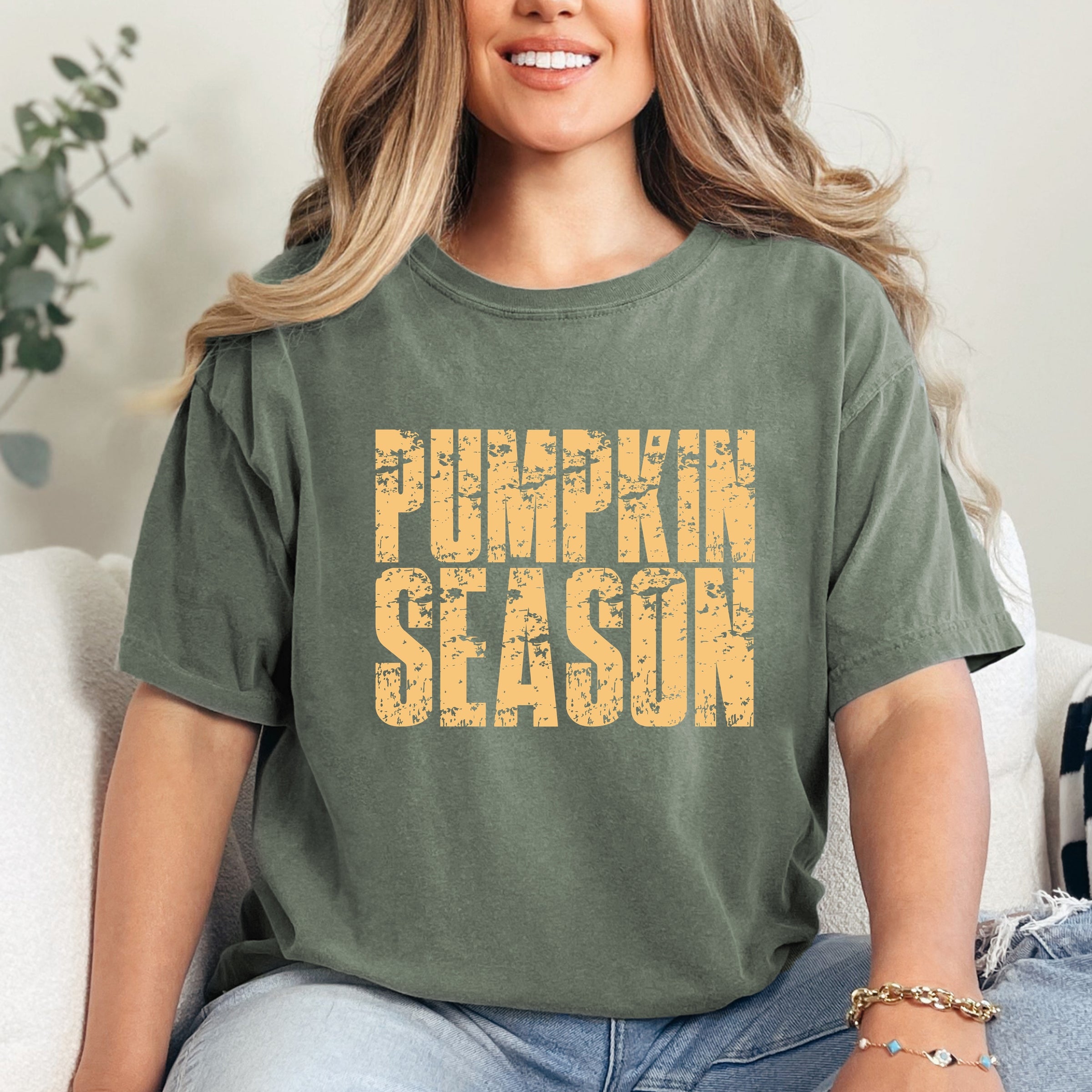 Pumpkin Season Block Distressed - Women's Garment Dyed Graphic T-Shirt