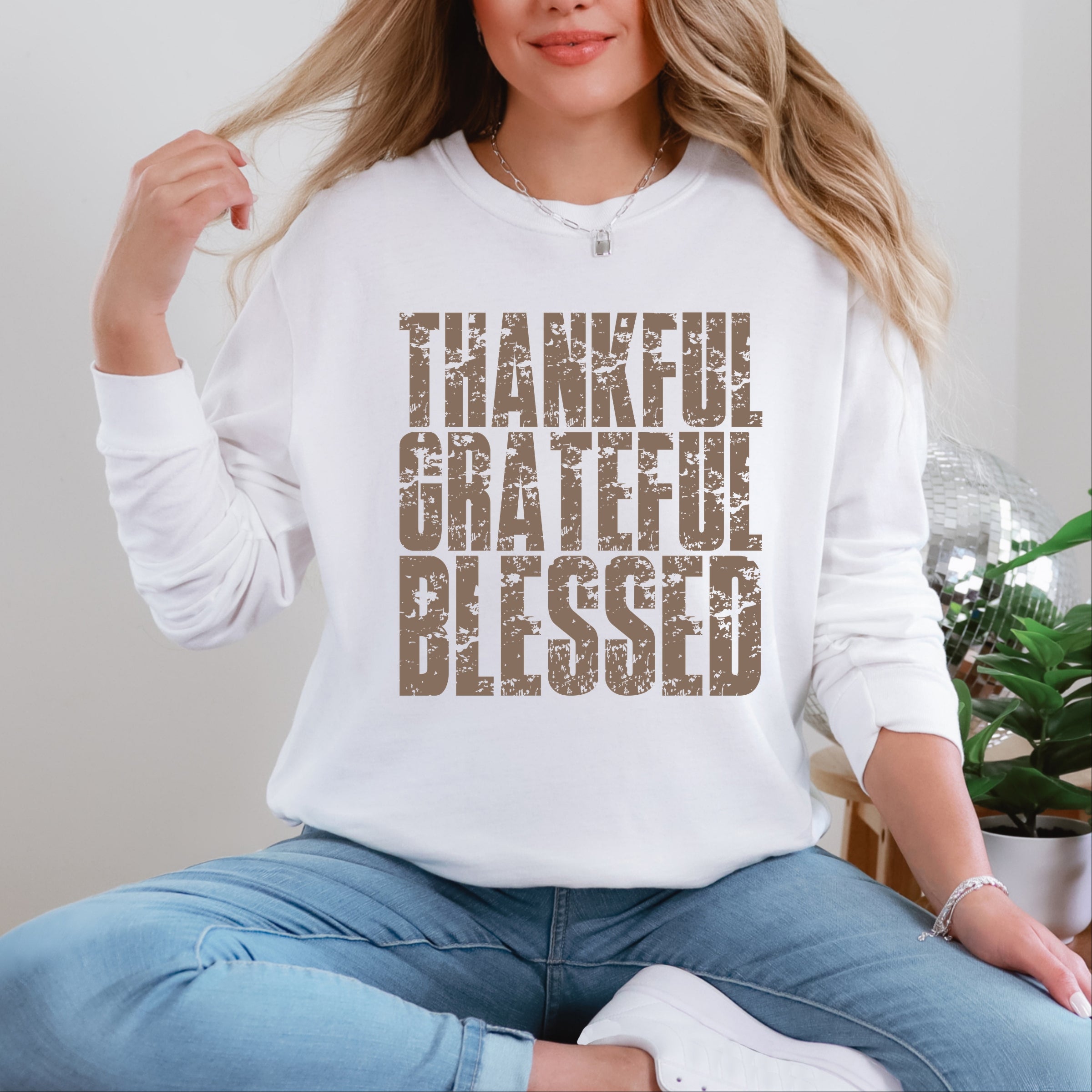 Thankful Grateful Blessed Block Distressed - Women's Garment Dyed Long Sleeve Graphic T-Shirt