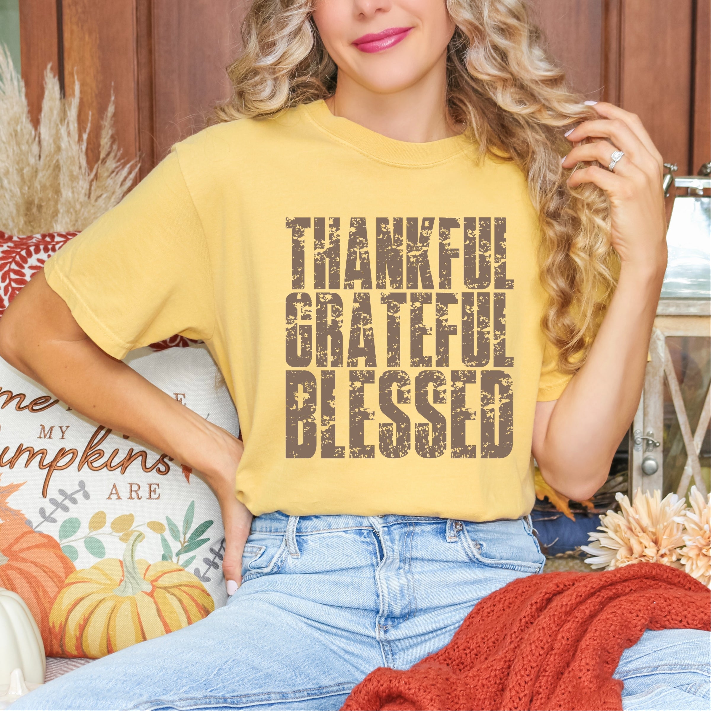 Thankful Grateful Blessed Block Distressed - Women's Garment Dyed Graphic T-Shirt