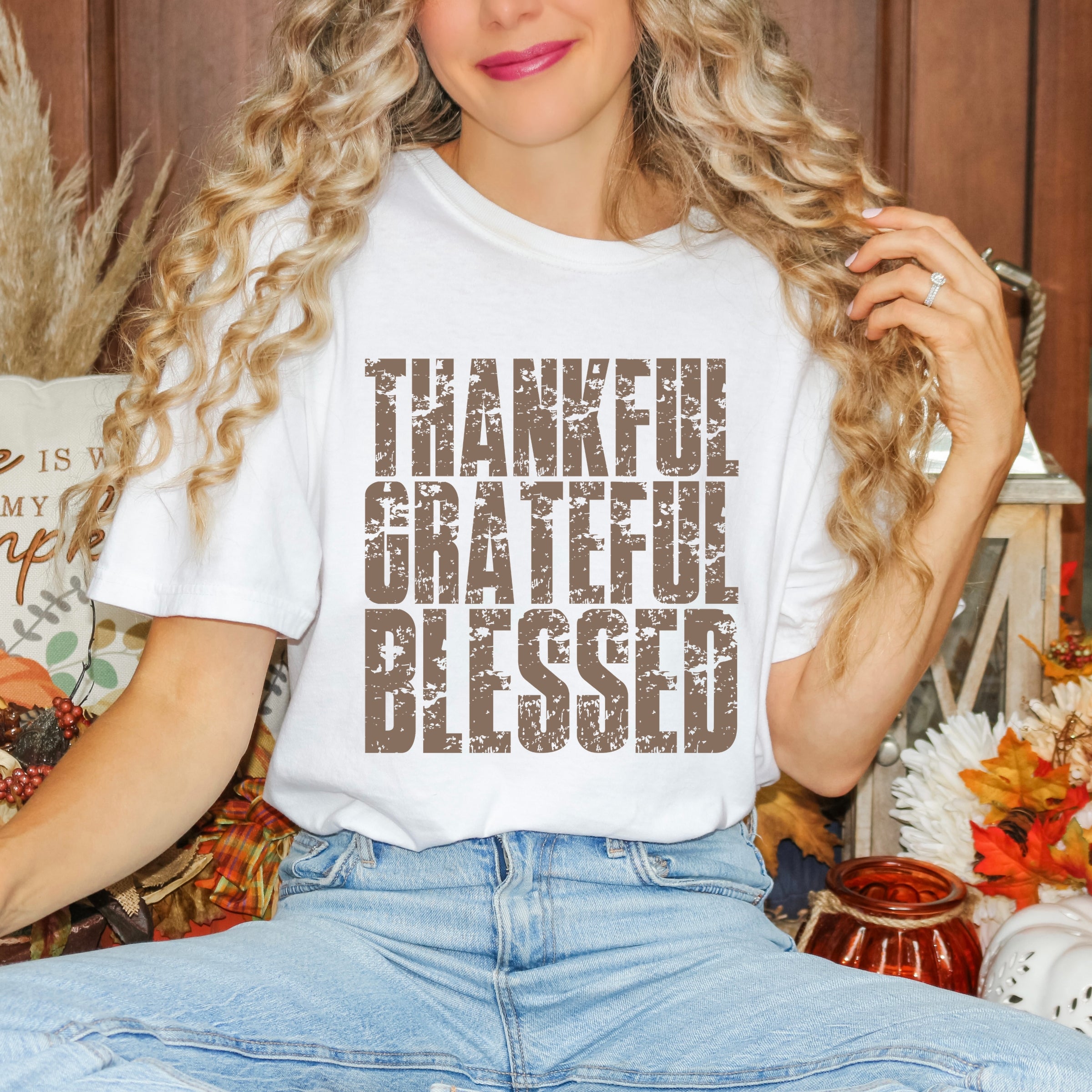 Thankful Grateful Blessed Block Distressed - Women's Garment Dyed Graphic T-Shirt