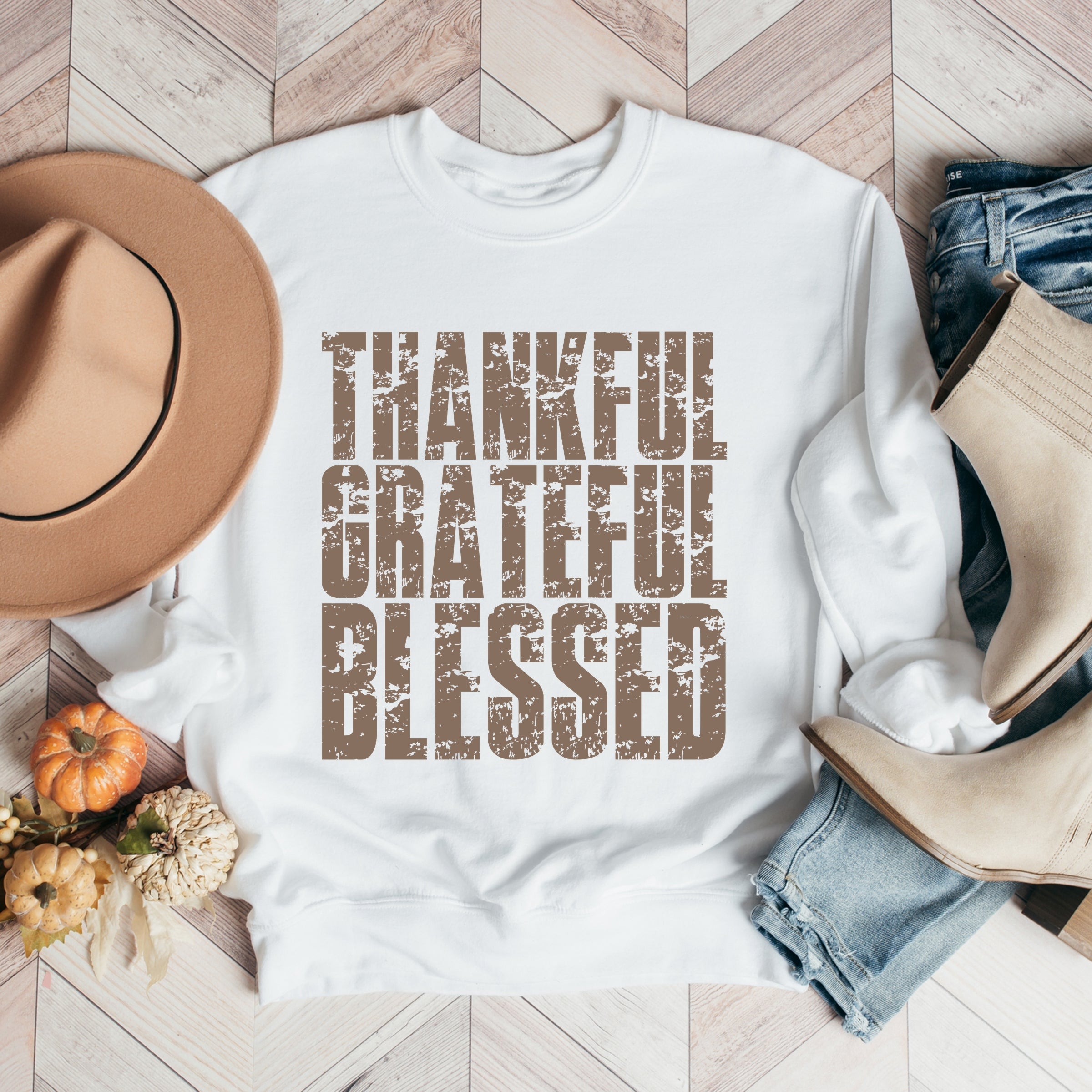 Thankful Grateful Blessed Block Distressed - Women's Graphic Sweatshirt