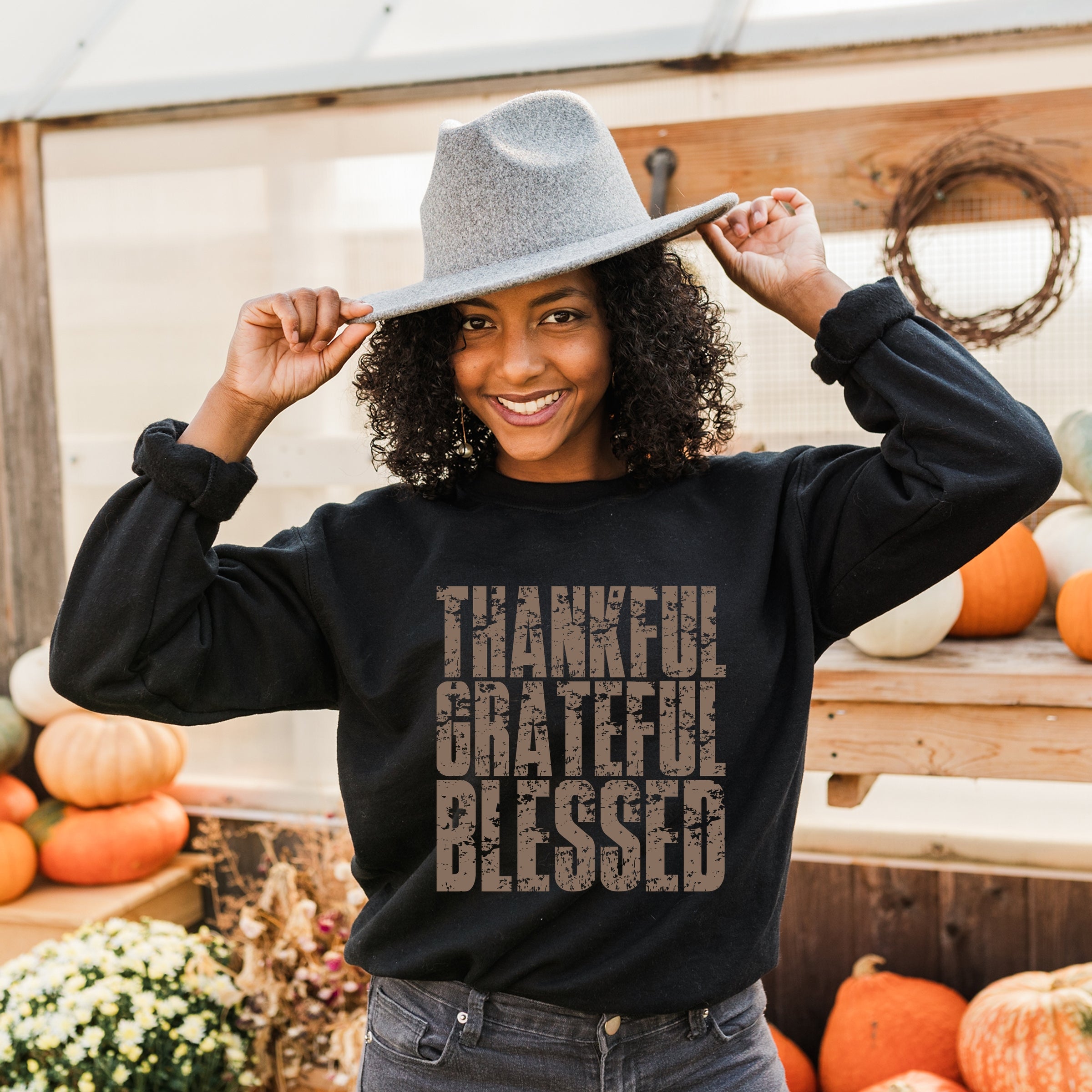 Thankful Grateful Blessed Block Distressed - Women's Graphic Sweatshirt