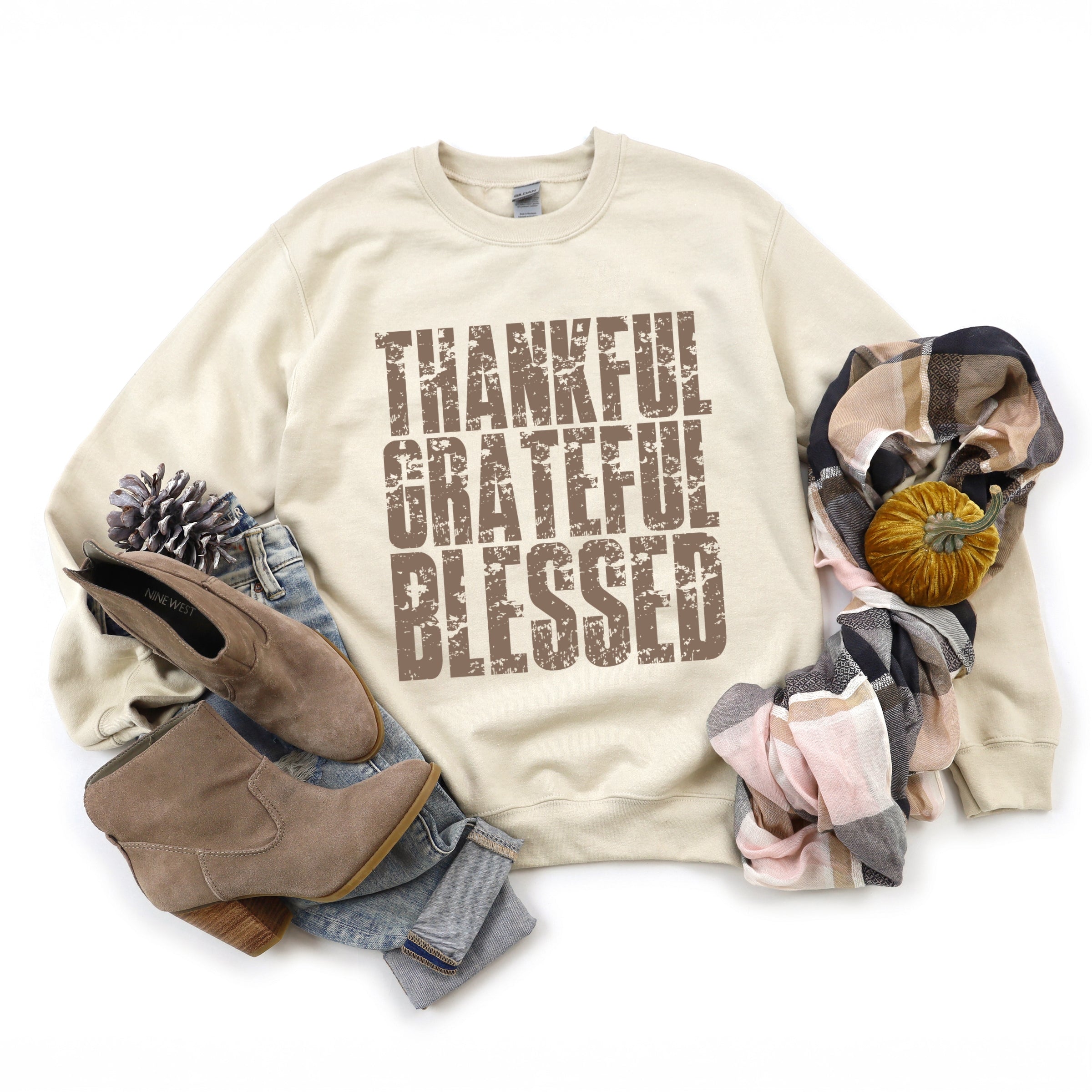 Thankful Grateful Blessed Block Distressed - Women's Graphic Sweatshirt