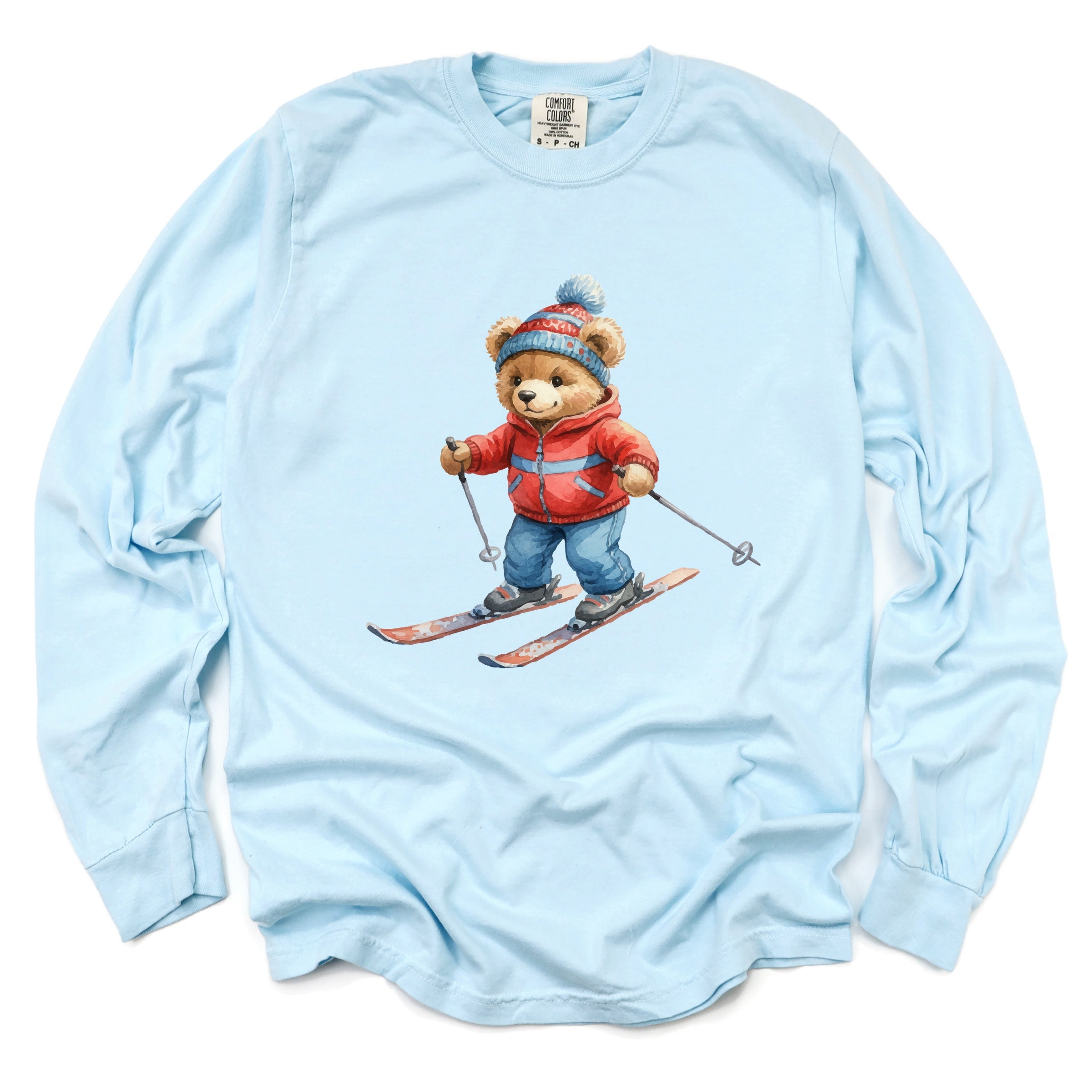 Skiing Bear Watercolor - Women's Garment Dyed Long Sleeve Graphic T-Shirt