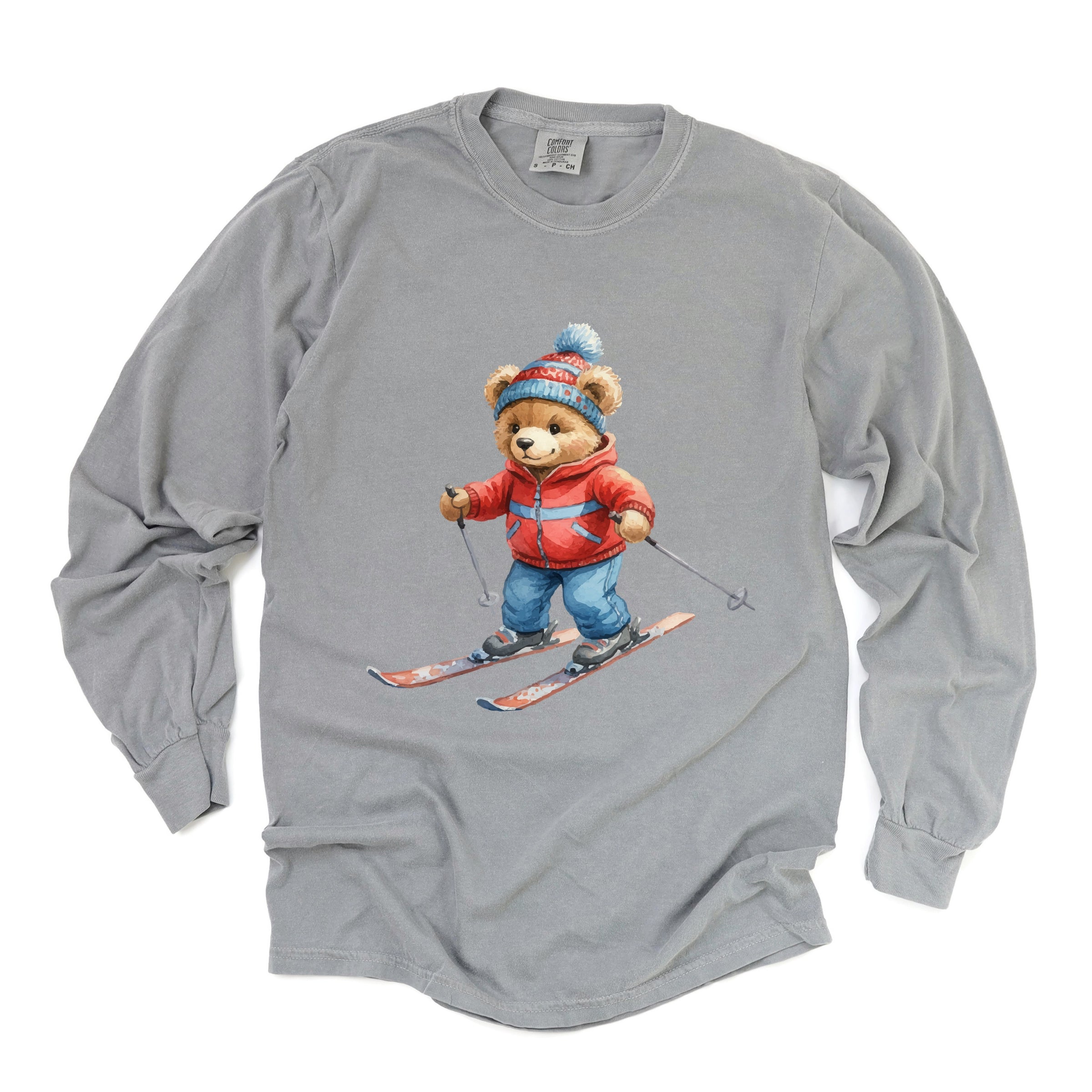 Skiing Bear Watercolor - Women's Garment Dyed Long Sleeve Graphic T-Shirt