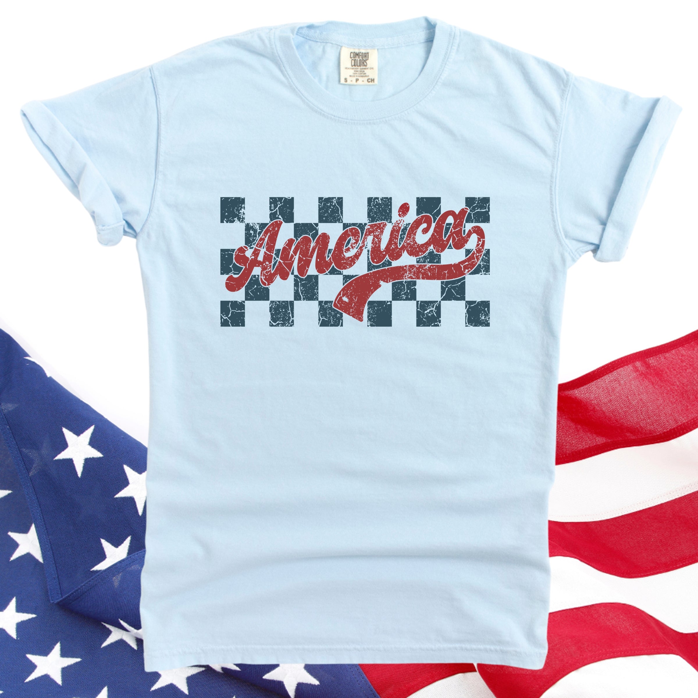 Checkered America Retro - Women's Garment Dyed Graphic T-Shirt