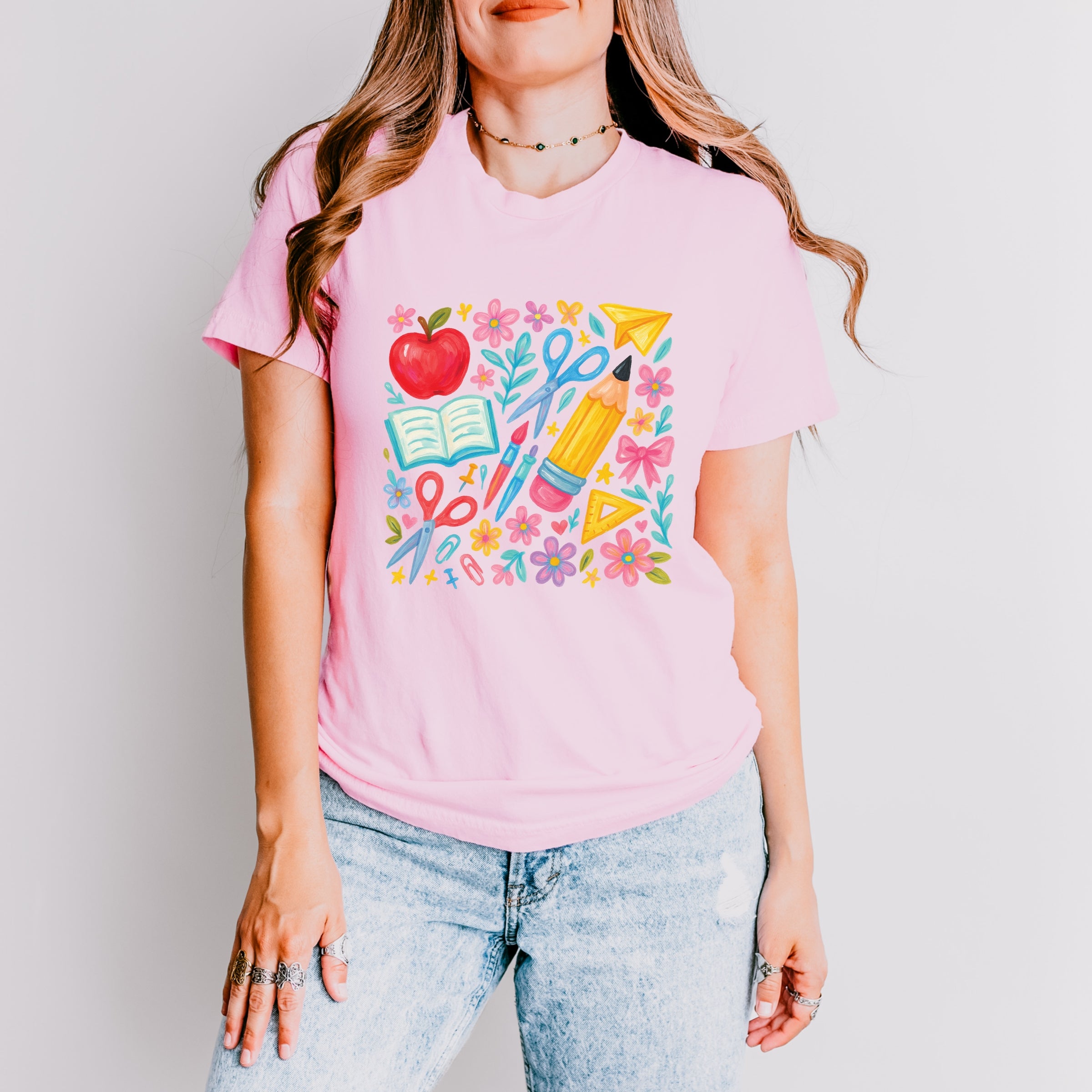 Watercolor Teacher Apple Collage - Womens Short Sleeve Tee
