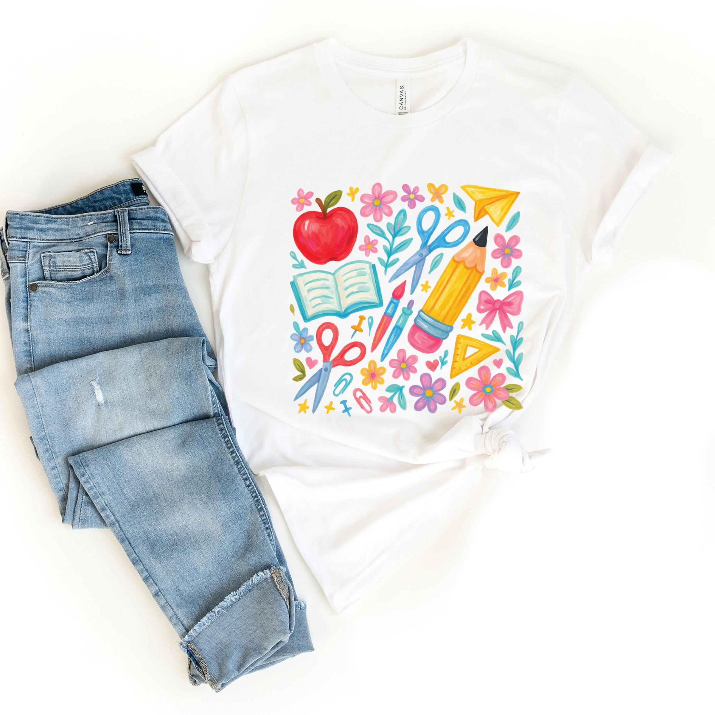 Watercolor Teacher Apple Collage - Womens Short Sleeve Tee