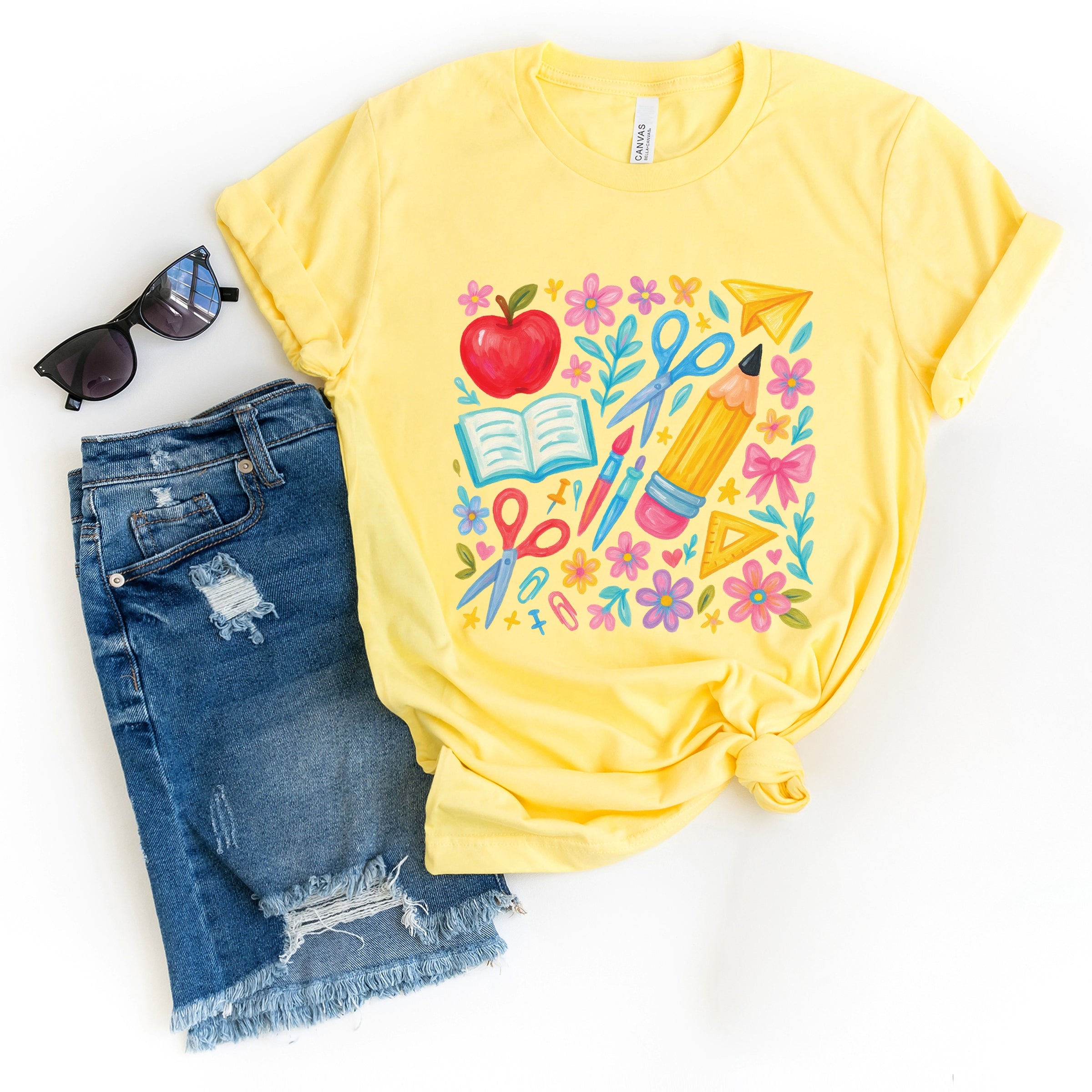 Watercolor Teacher Apple Collage - Womens Short Sleeve Tee