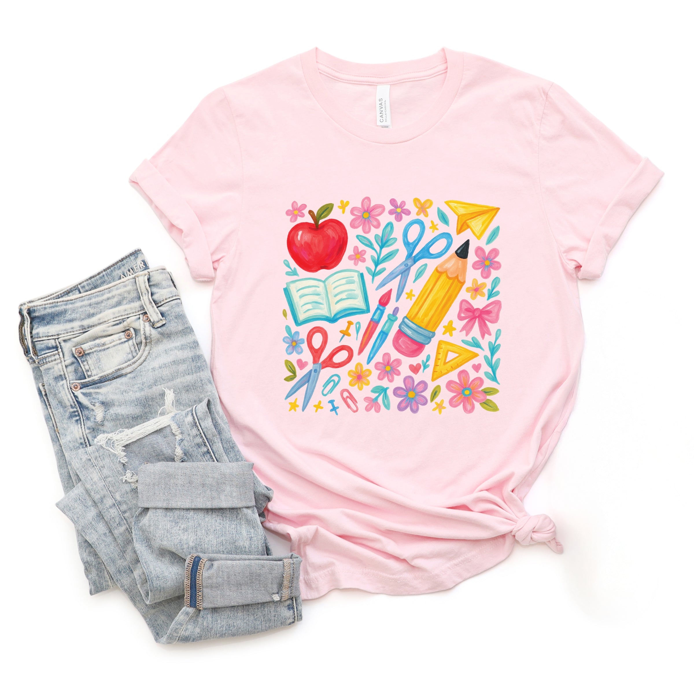 Watercolor Teacher Apple Collage - Womens Short Sleeve Tee