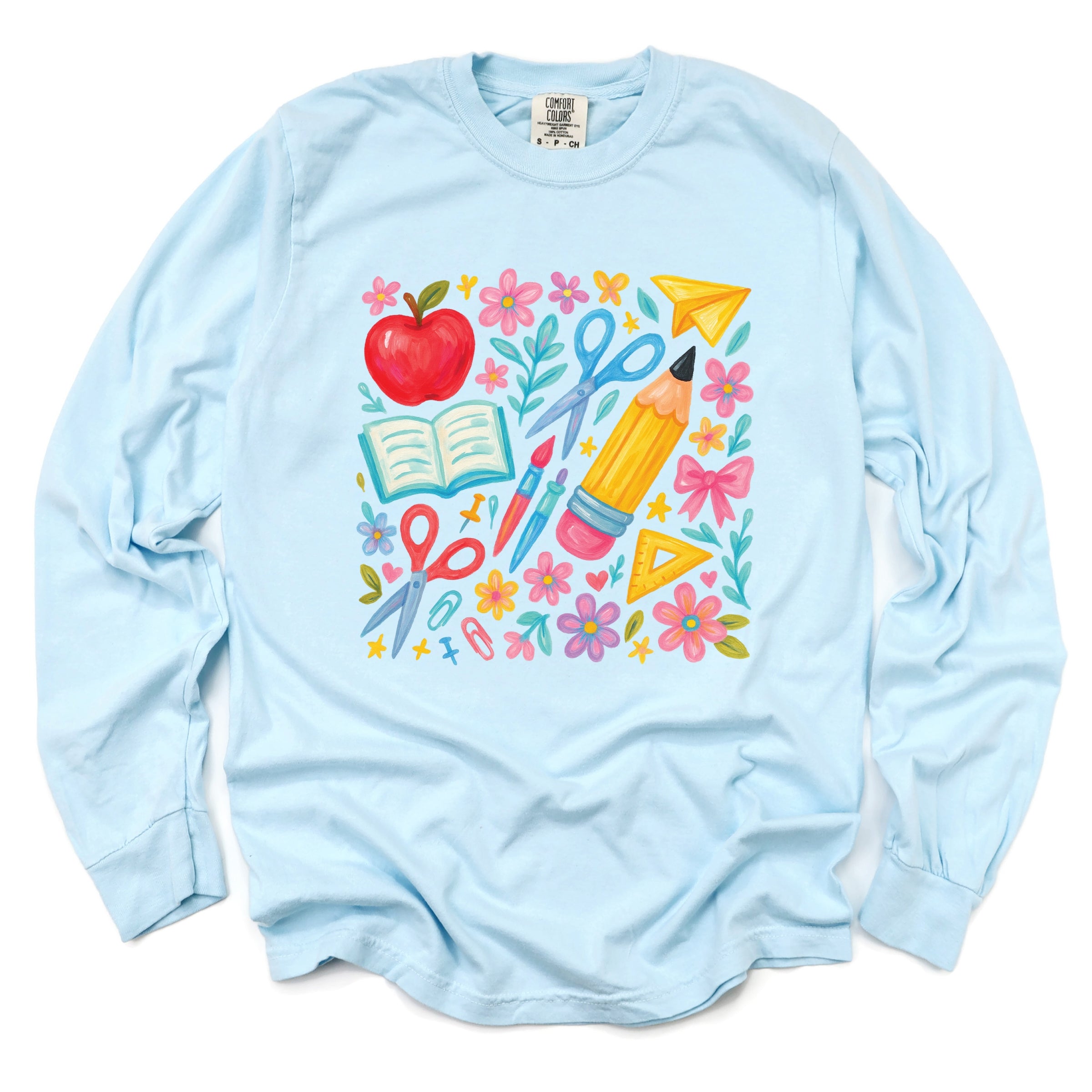 Watercolor Teacher Apple Collage - Womens Garment Dyed Long Sleeve