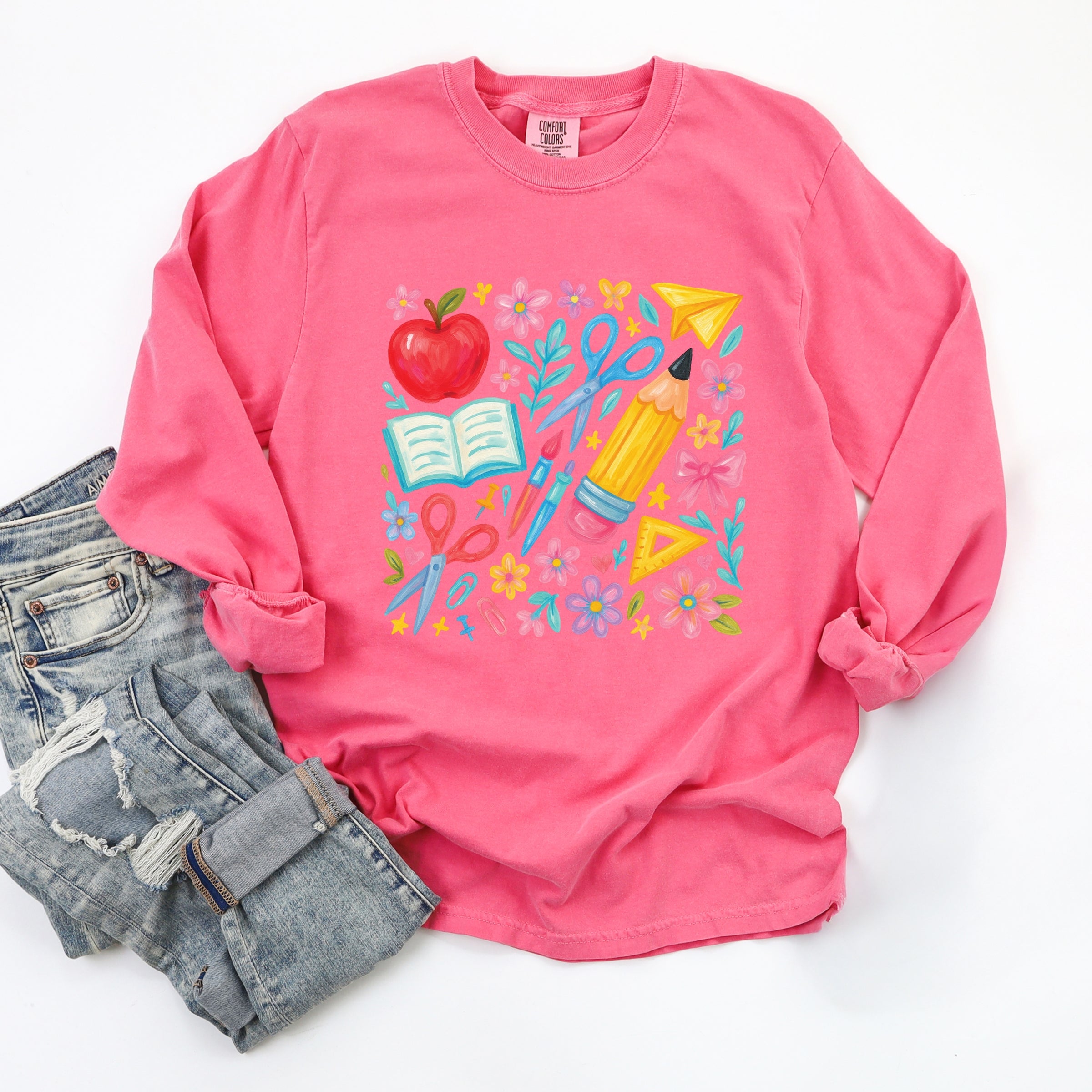 Watercolor Teacher Apple Collage - Womens Garment Dyed Long Sleeve