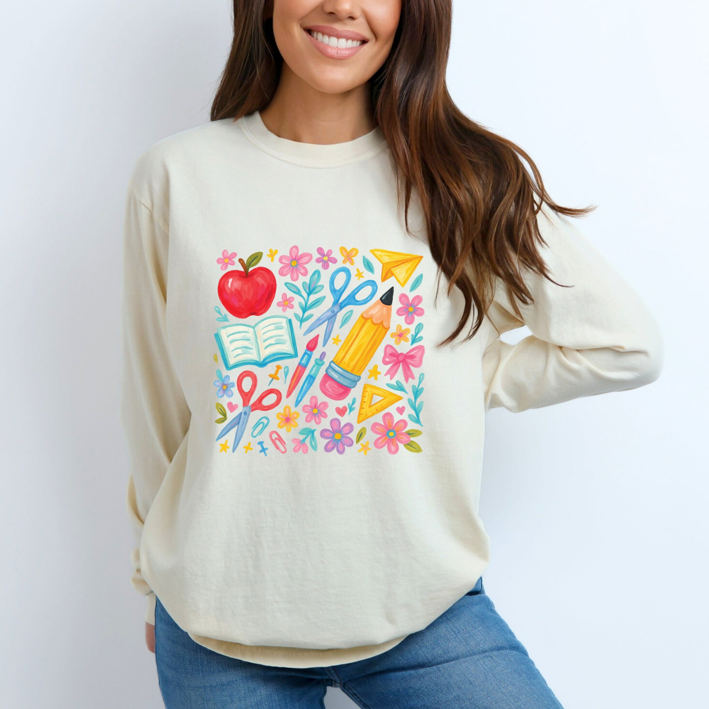 Watercolor Teacher Apple Collage - Women's Garment Dyed Long Sleeve