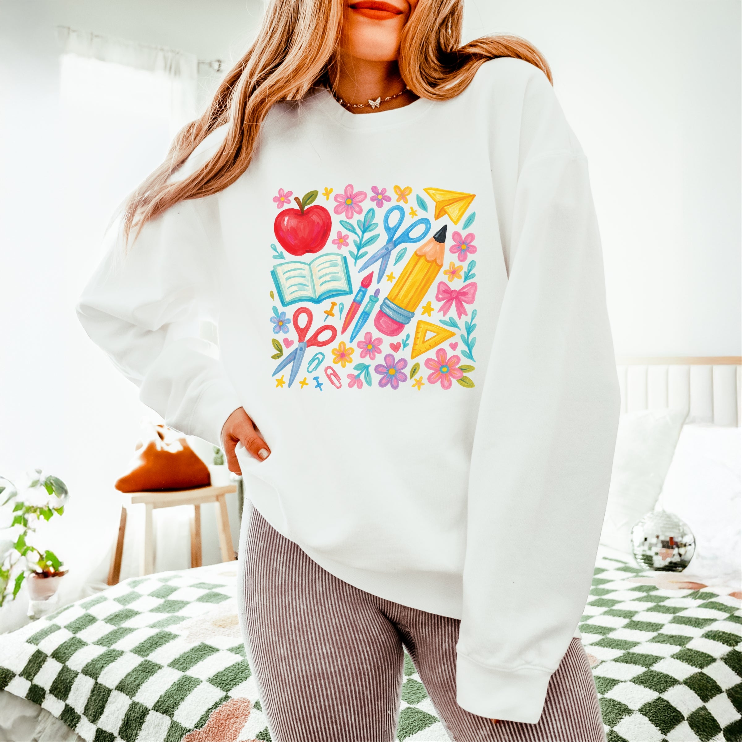 Watercolor Teacher Apple Collage - Womens Lightweight Garment Dyed Sweatshirt