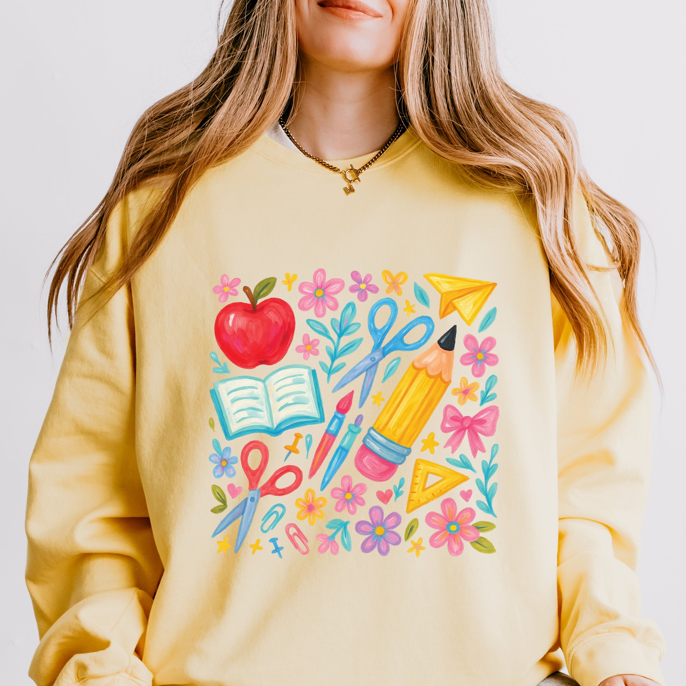 Watercolor Teacher Apple Collage - Womens Lightweight Garment Dyed Sweatshirt