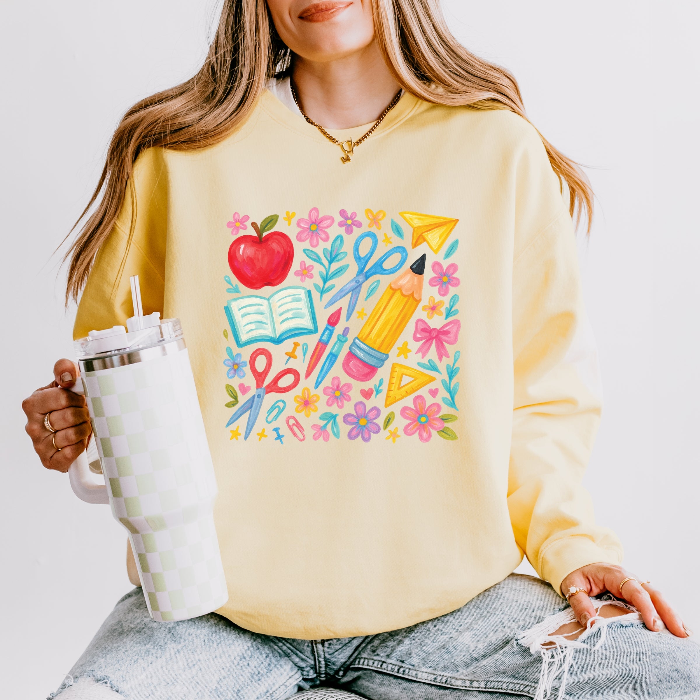 Watercolor Teacher Apple Collage - Womens Lightweight Garment Dyed Sweatshirt