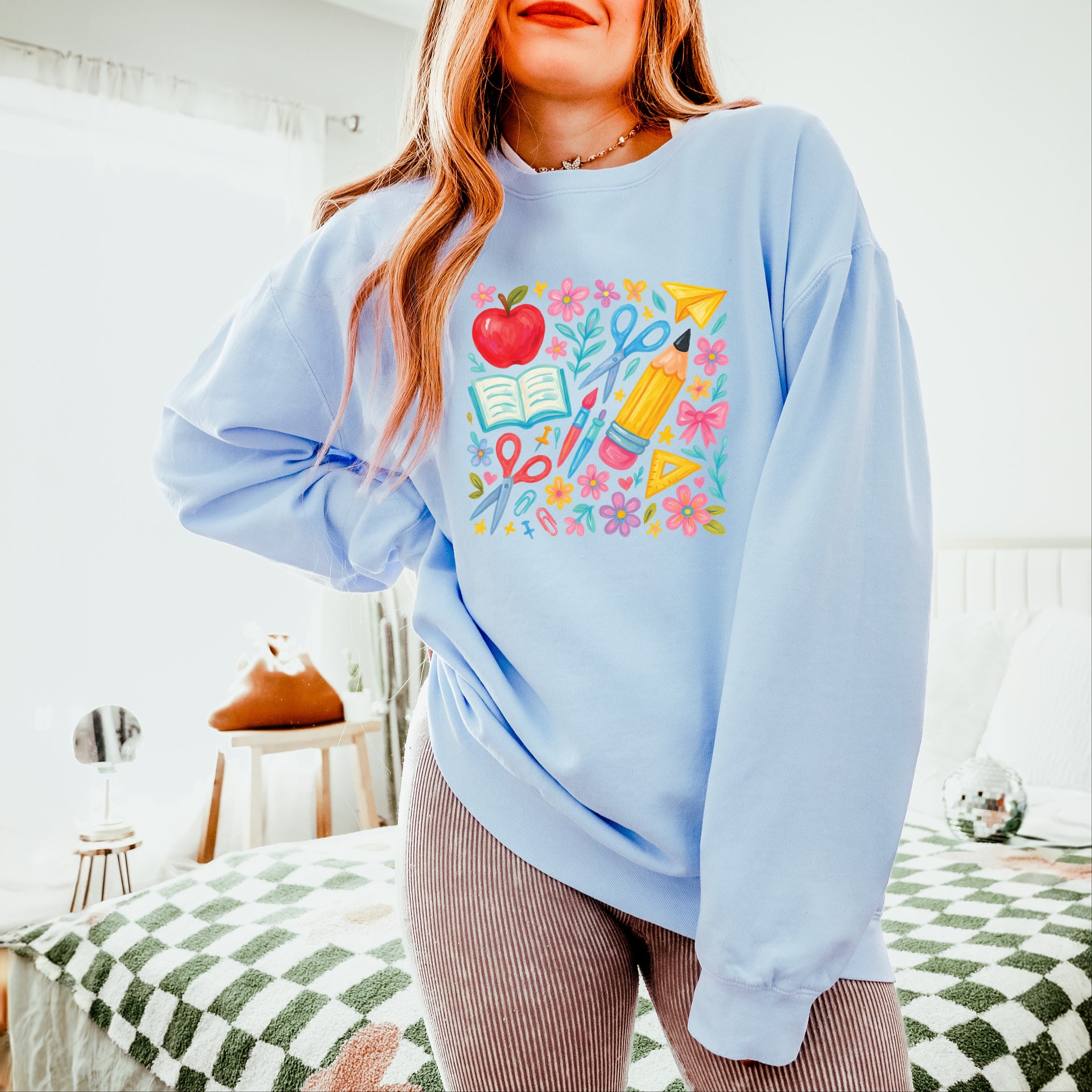 Watercolor Teacher Apple Collage - Womens Lightweight Garment Dyed Sweatshirt