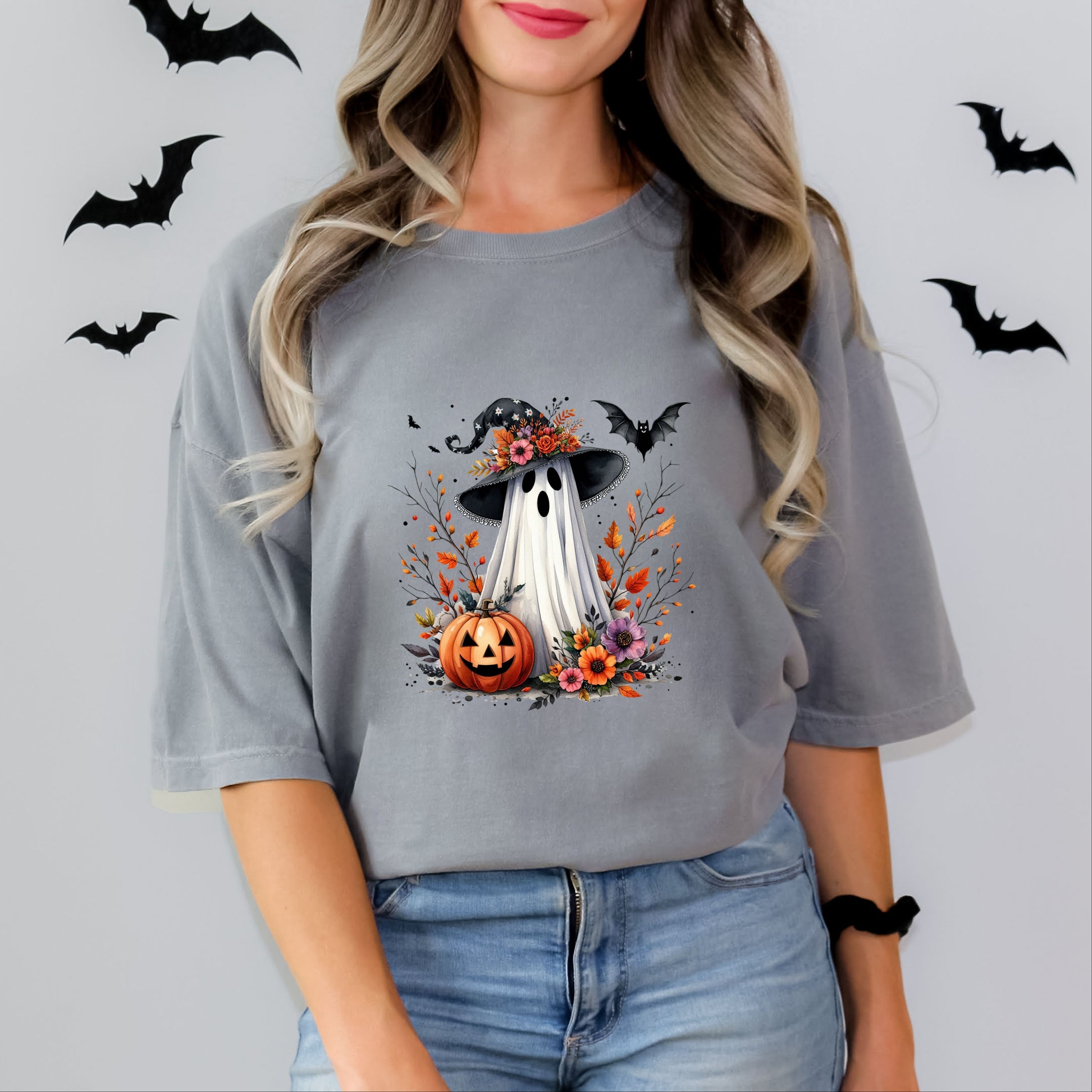 Spooky Ghost Black Hat - Women's Garment Dyed Graphic T-Shirt