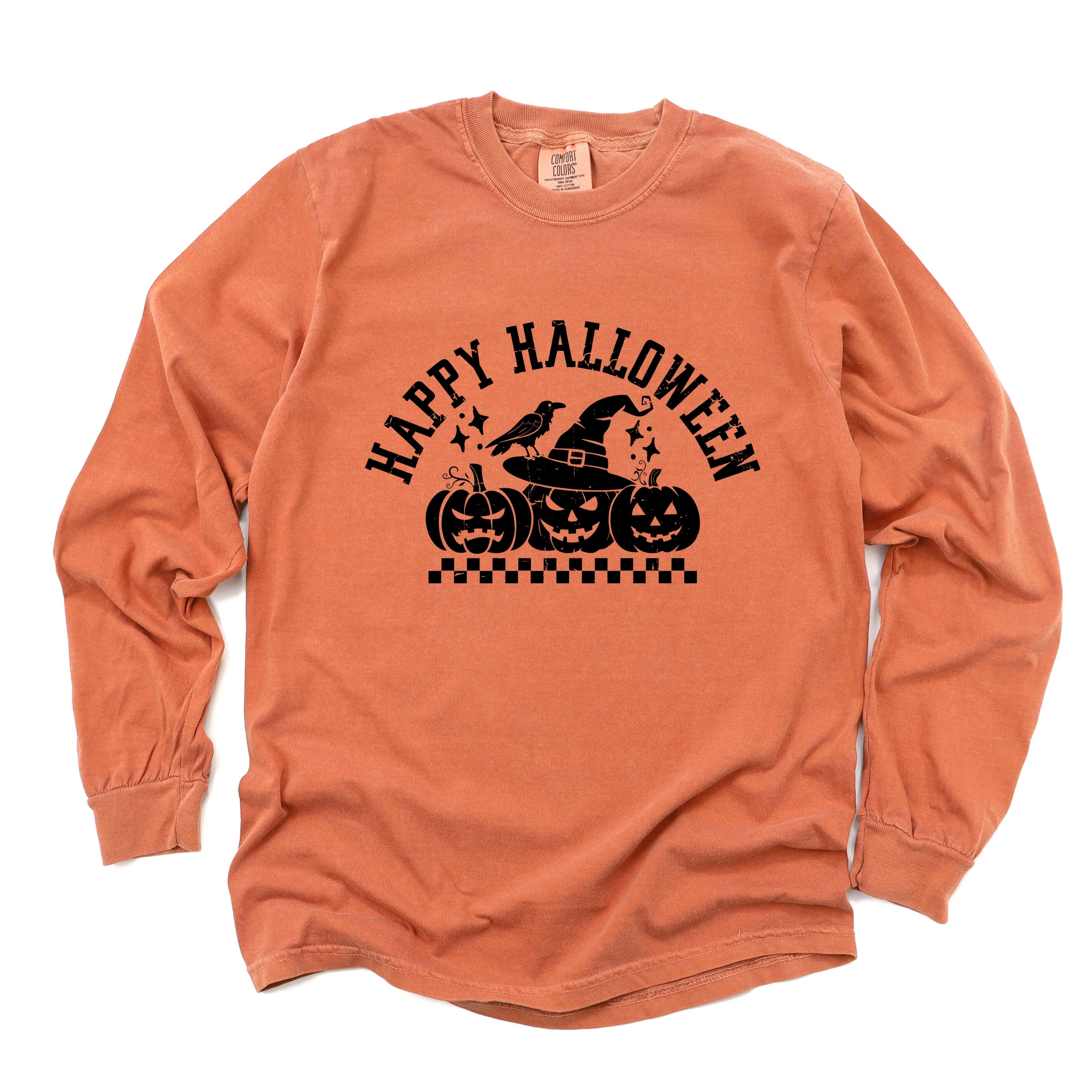 Happy Halloween Arch Distressed - Women's Garment Dyed Long Sleeve Graphic T-Shirt