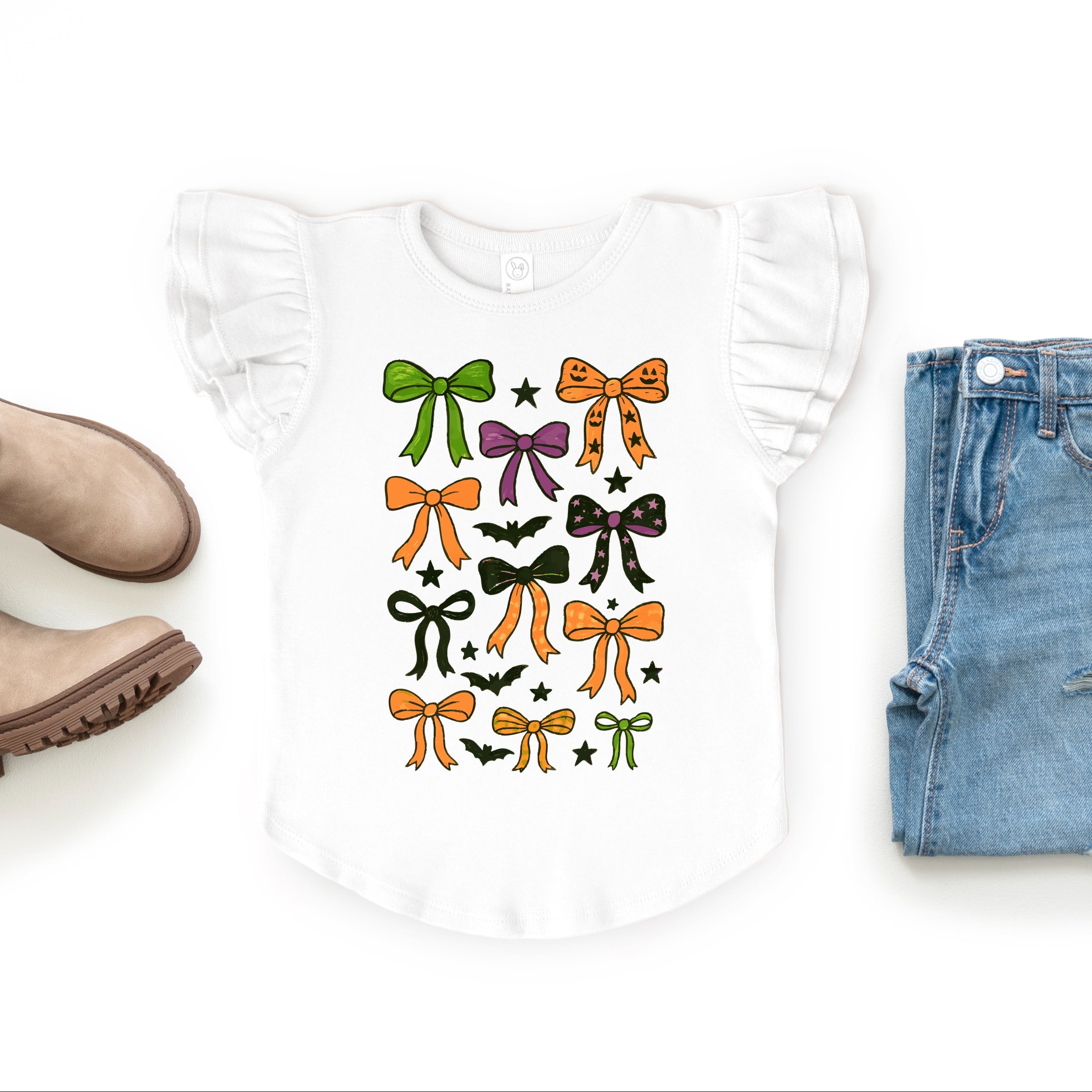 Coquette Colorful Halloween Bows - Flutter Sleeve Graphic T-Shirt