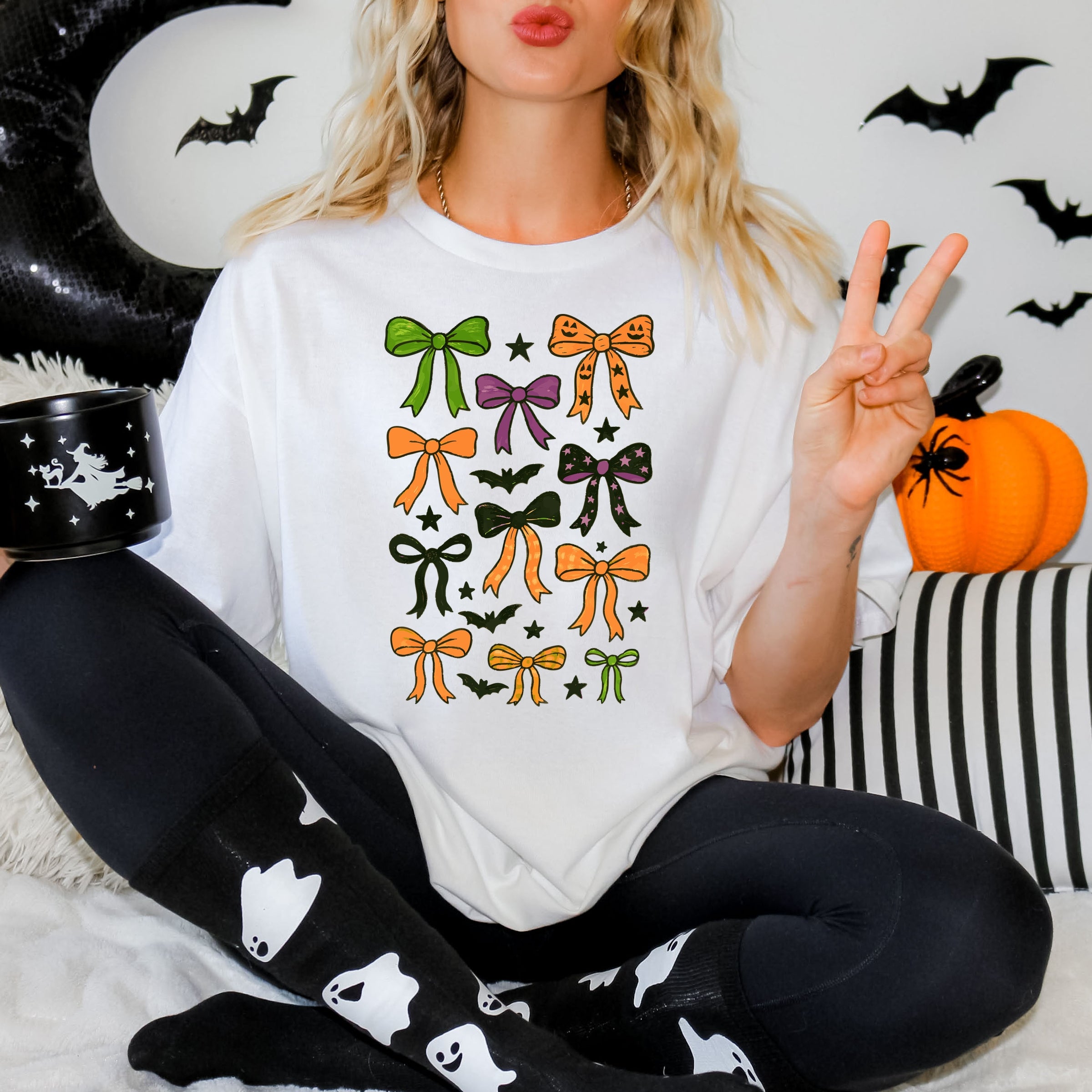 Coquette Colorful Halloween Bows - Women's Garment Dyed Graphic T-Shirt