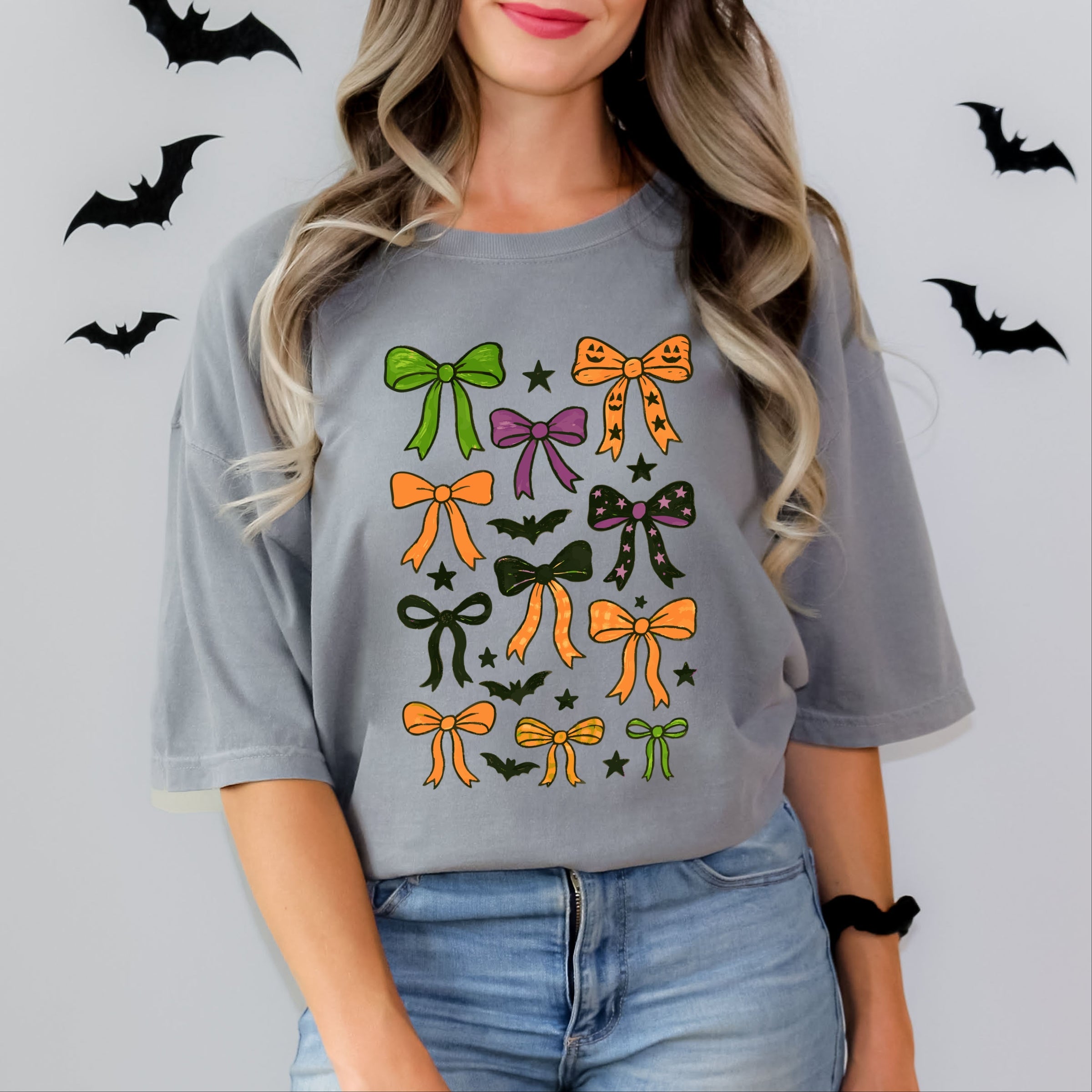 Coquette Colorful Halloween Bows - Women's Garment Dyed Graphic T-Shirt