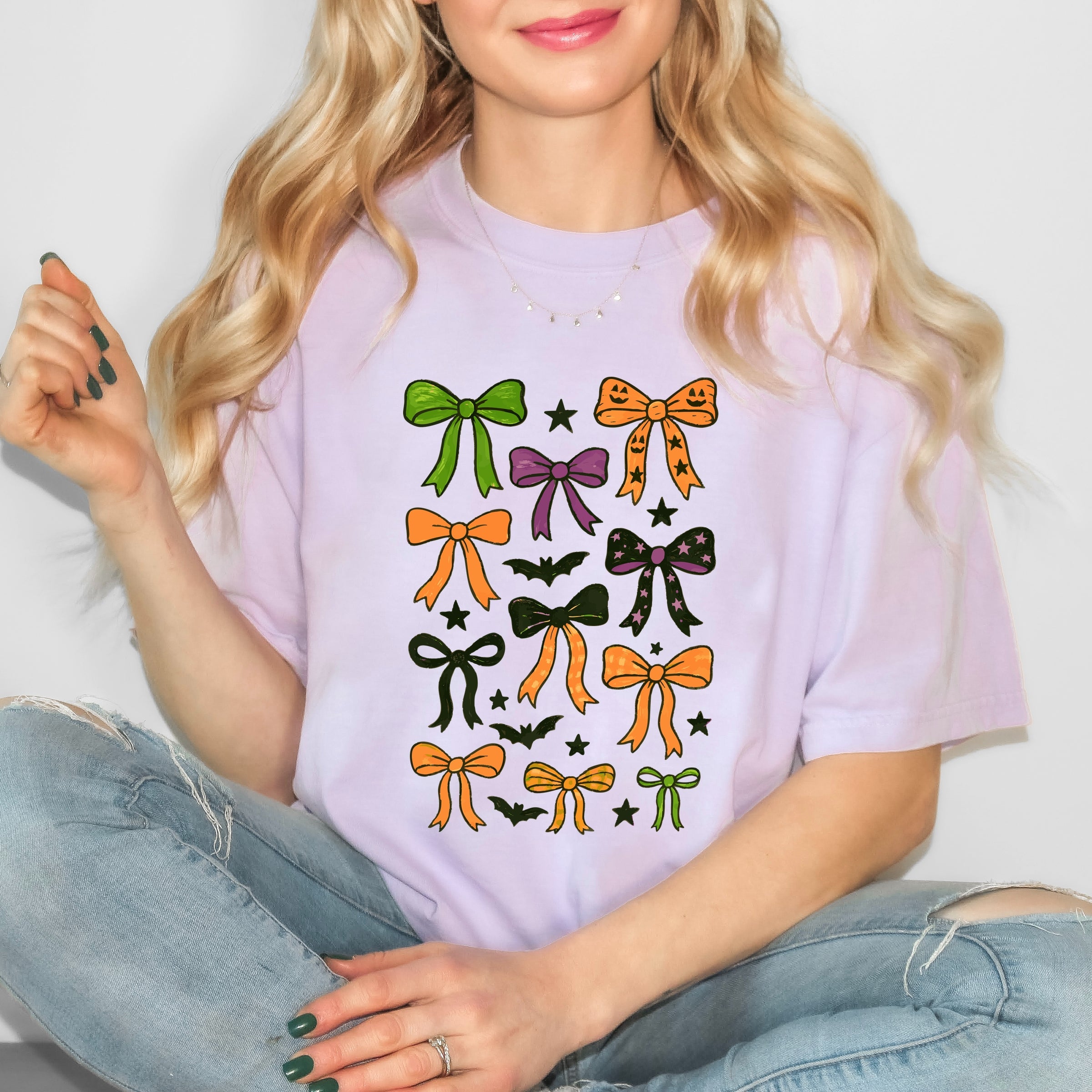 Coquette Colorful Halloween Bows - Women's Garment Dyed Graphic T-Shirt