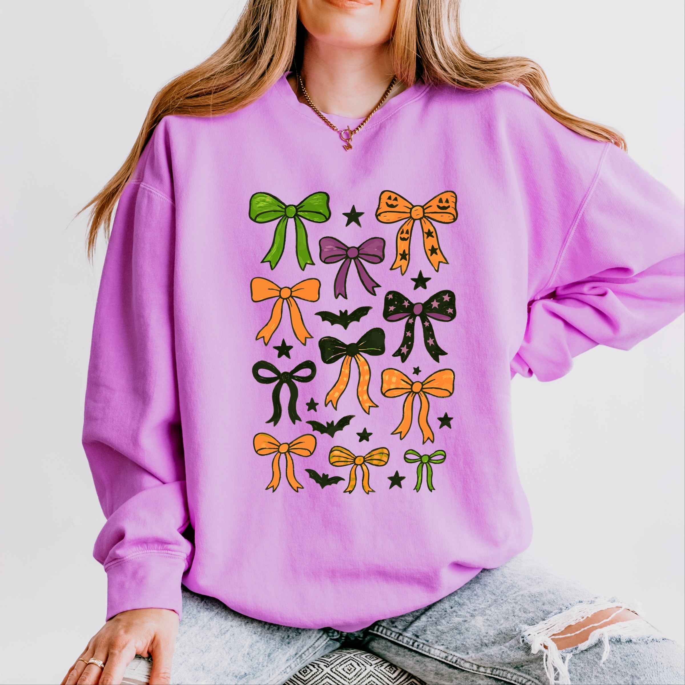 Coquette Colorful Halloween Bows - Women's Lightweight Garment Dyed Sweatshirt