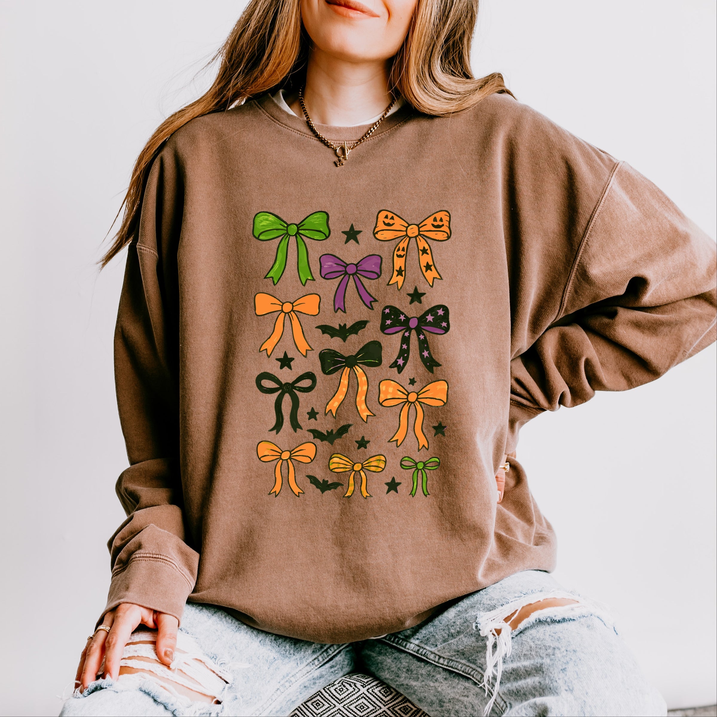 Coquette Colorful Halloween Bows - Women's Lightweight Garment Dyed Sweatshirt