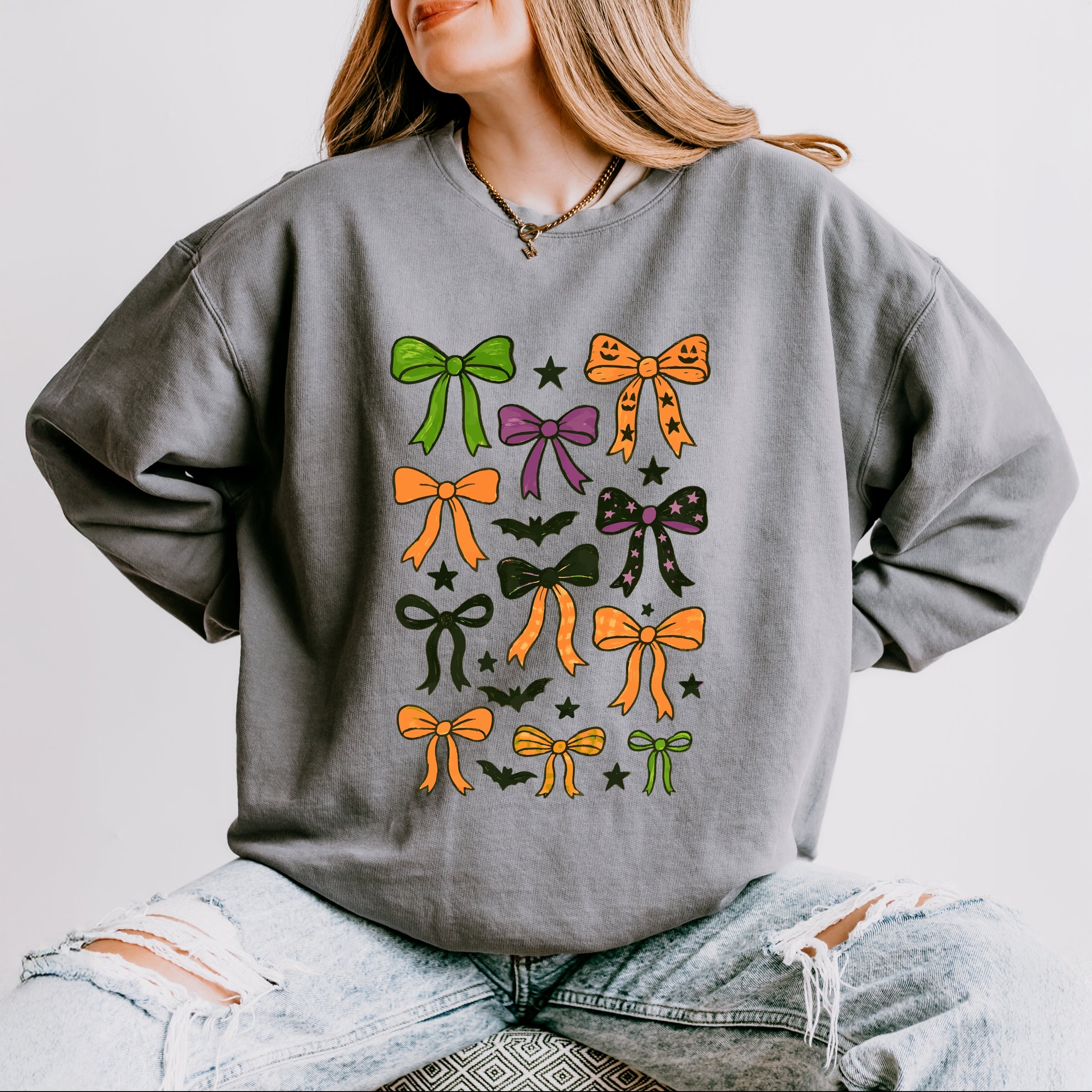 Coquette Colorful Halloween Bows - Women's Lightweight Garment Dyed Sweatshirt