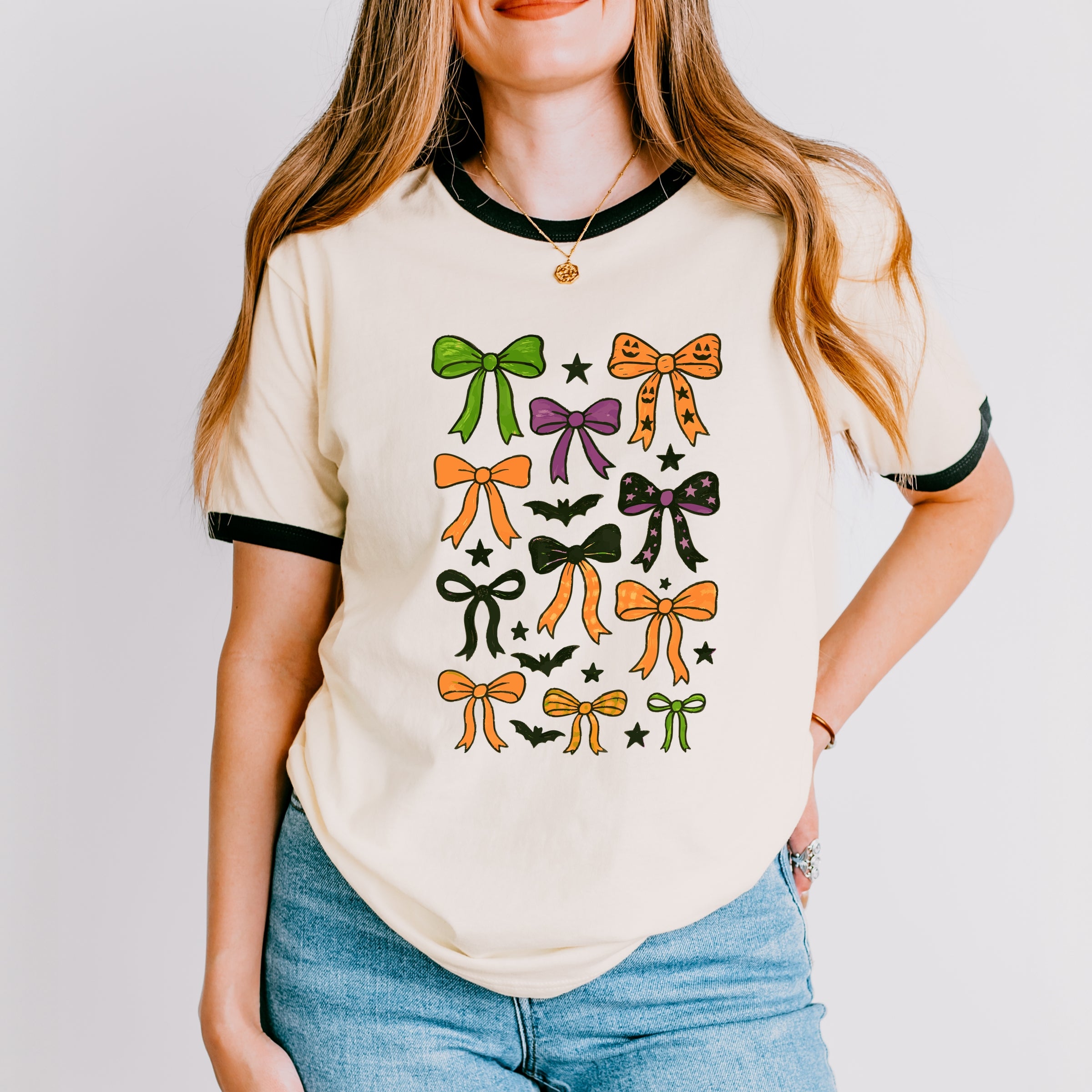 Coquette Colorful Halloween Bows - Women's Ringer Graphic T-Shirt