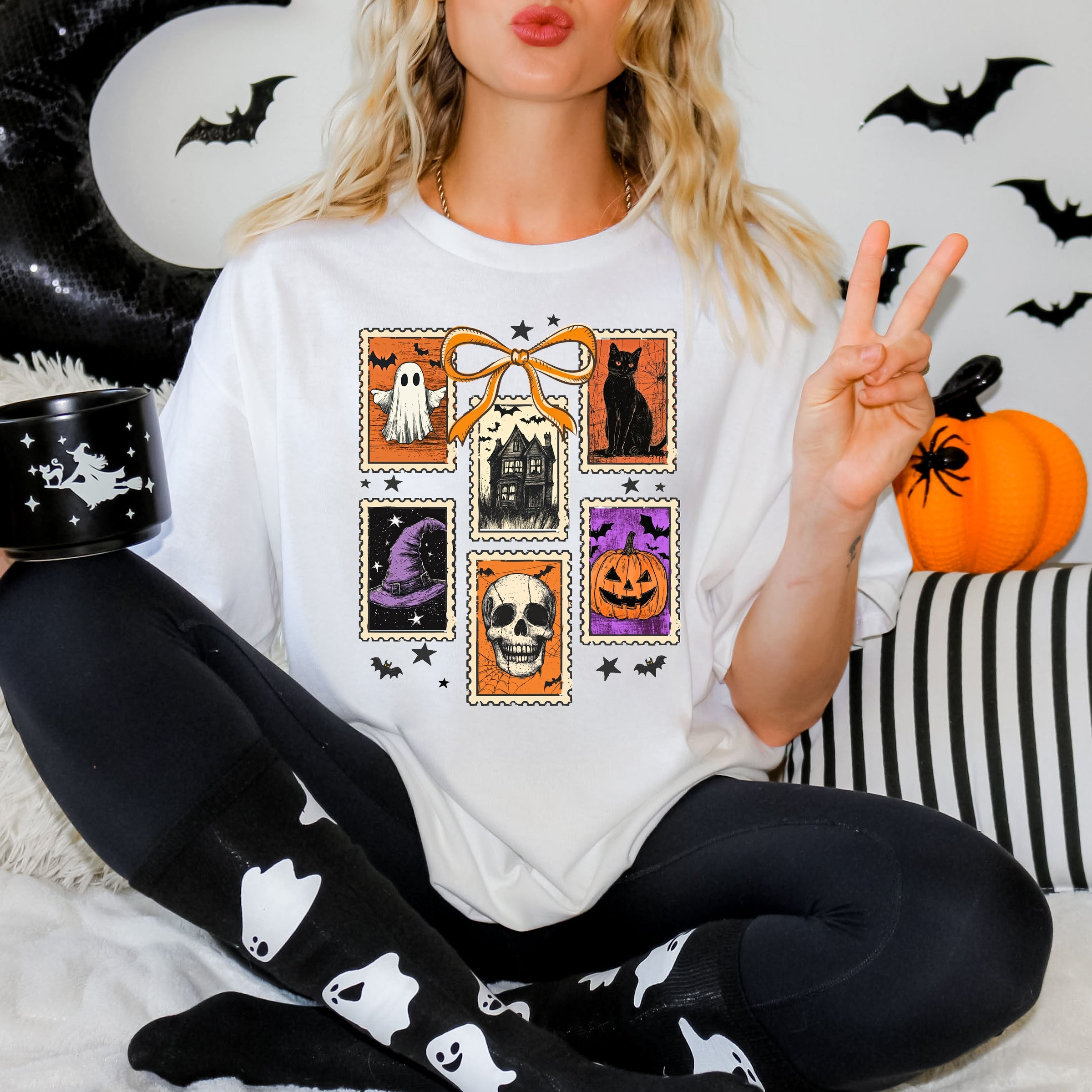 Coquette Halloween Stamps - Women's Garment Dyed Graphic T-Shirt