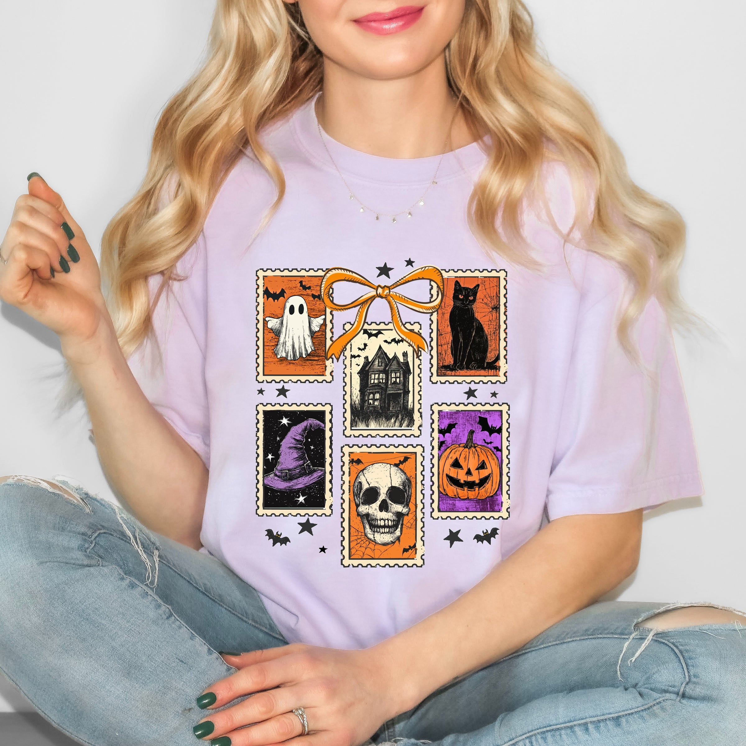 Coquette Halloween Stamps - Women's Garment Dyed Graphic T-Shirt