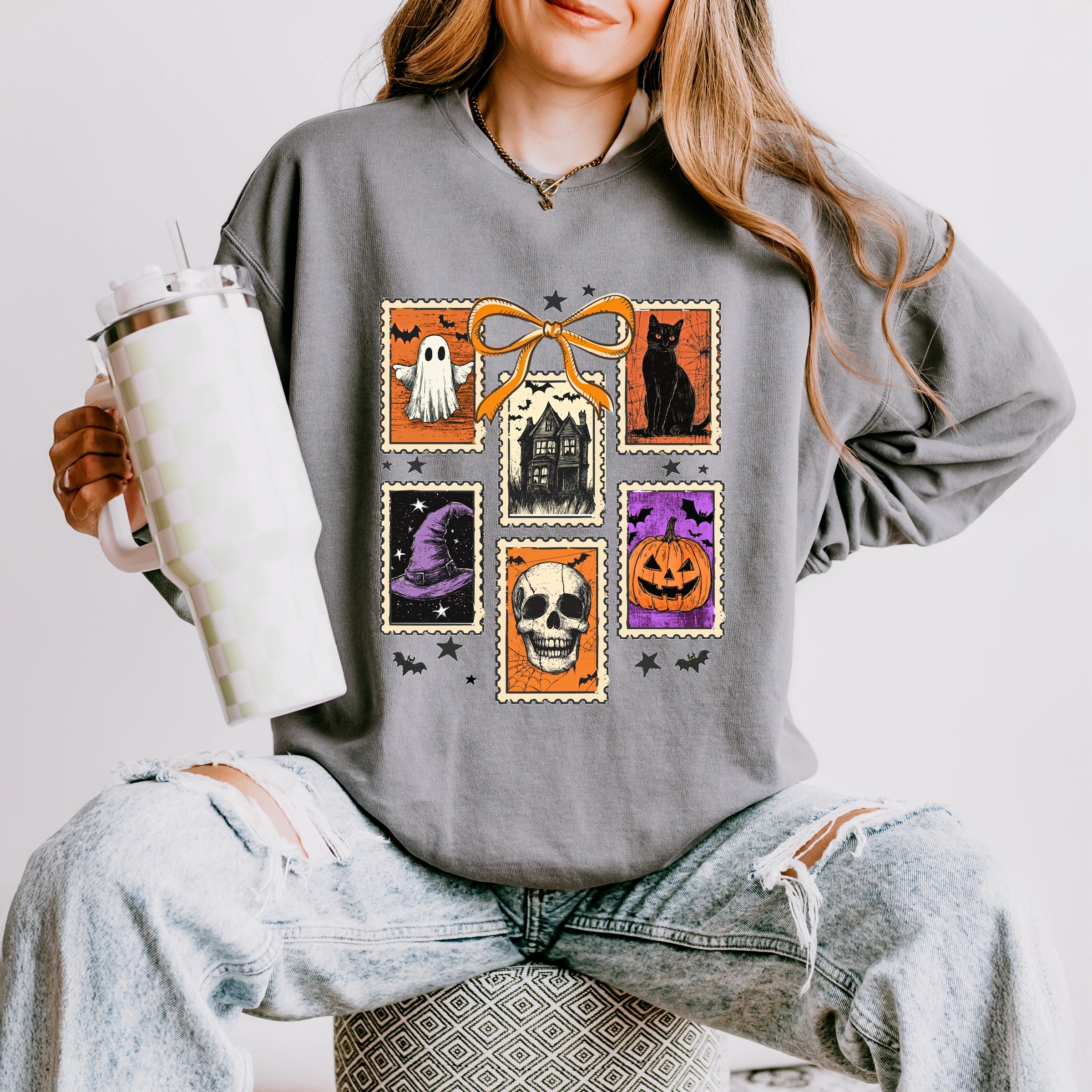 Coquette Halloween Stamps - Women's Lightweight Garment Dyed Sweatshirt