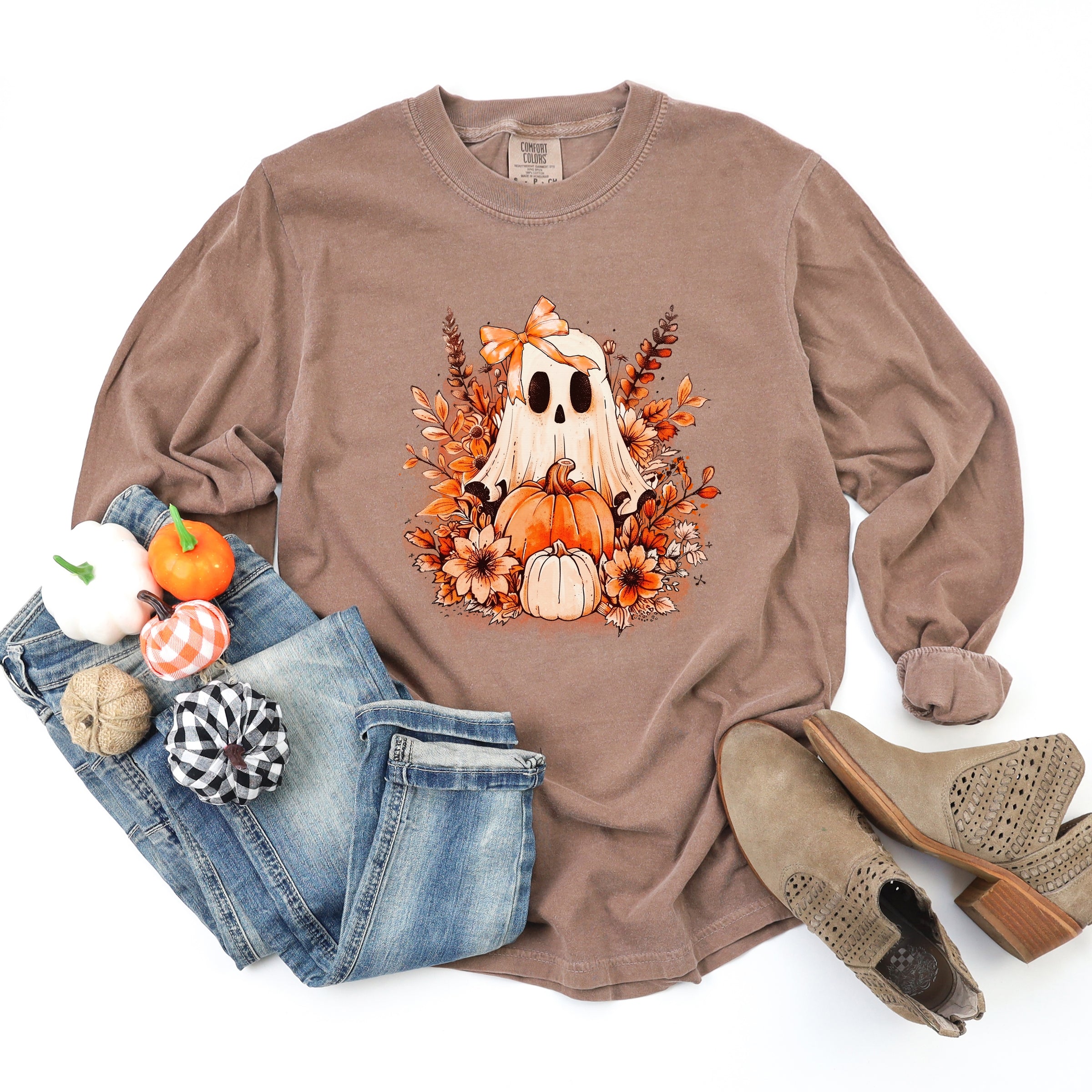 Girl Ghost Floral - Women's Garment Dyed Long Sleeve Graphic T-Shirt
