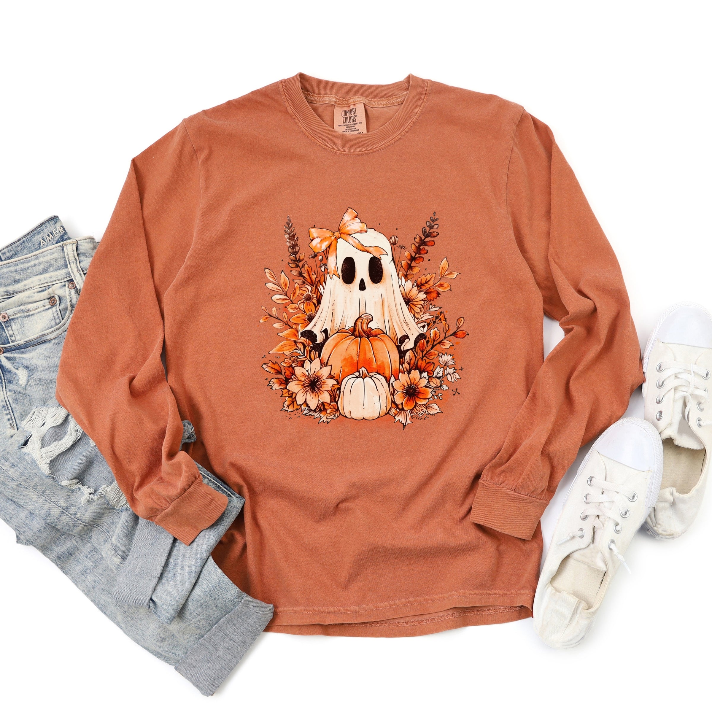 Girl Ghost Floral - Women's Garment Dyed Long Sleeve Graphic T-Shirt