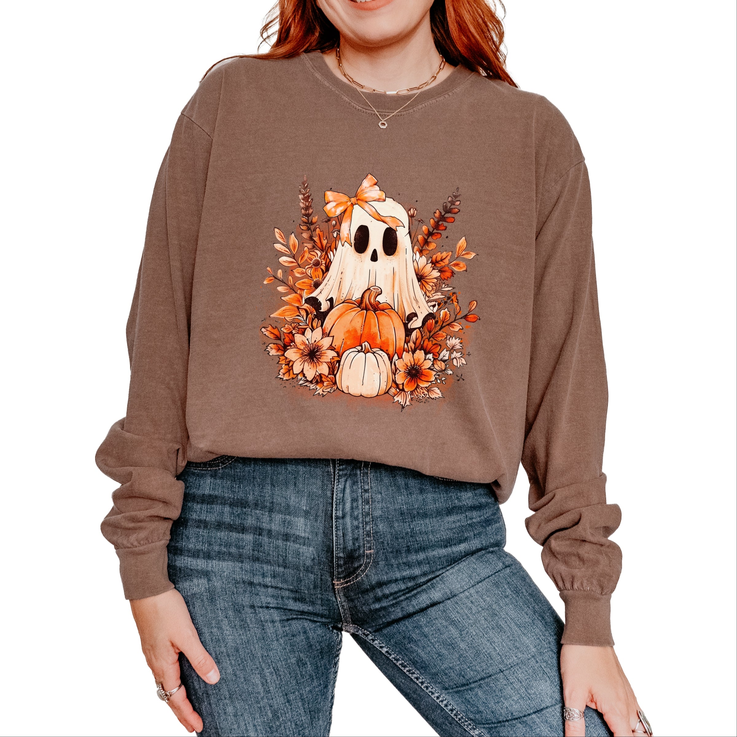 Girl Ghost Floral - Women's Garment Dyed Long Sleeve Graphic T-Shirt