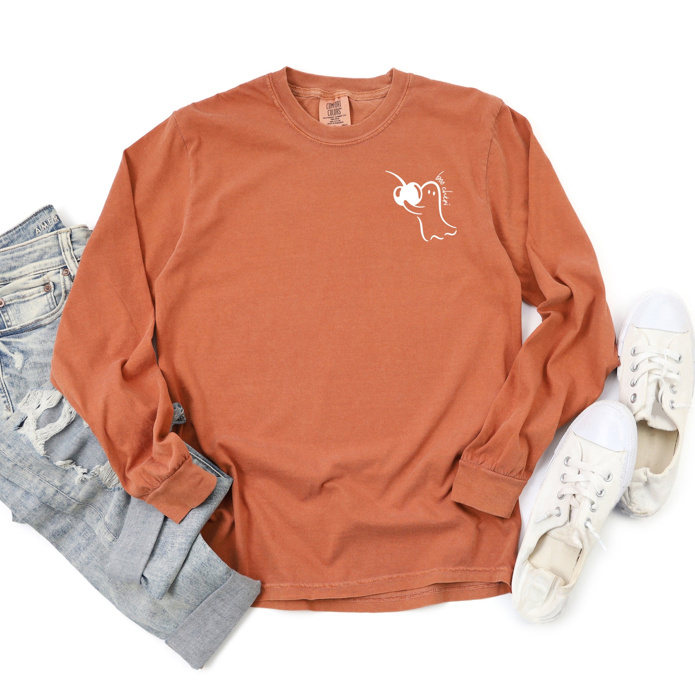 Boo Cheri Ghost - Women's Garment Dyed Long Sleeve Graphic T-Shirt