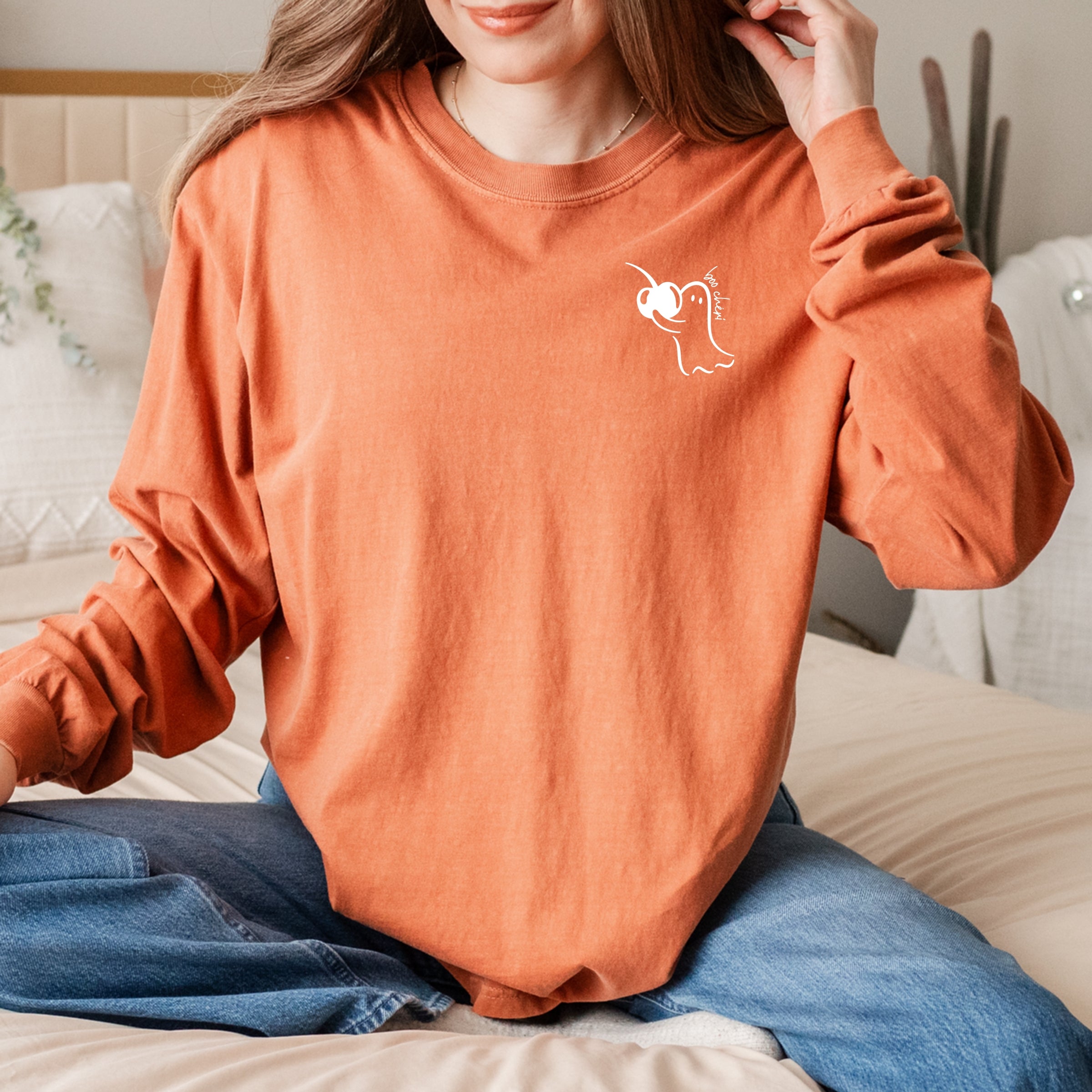 Boo Cheri Ghost - Women's Garment Dyed Long Sleeve Graphic T-Shirt