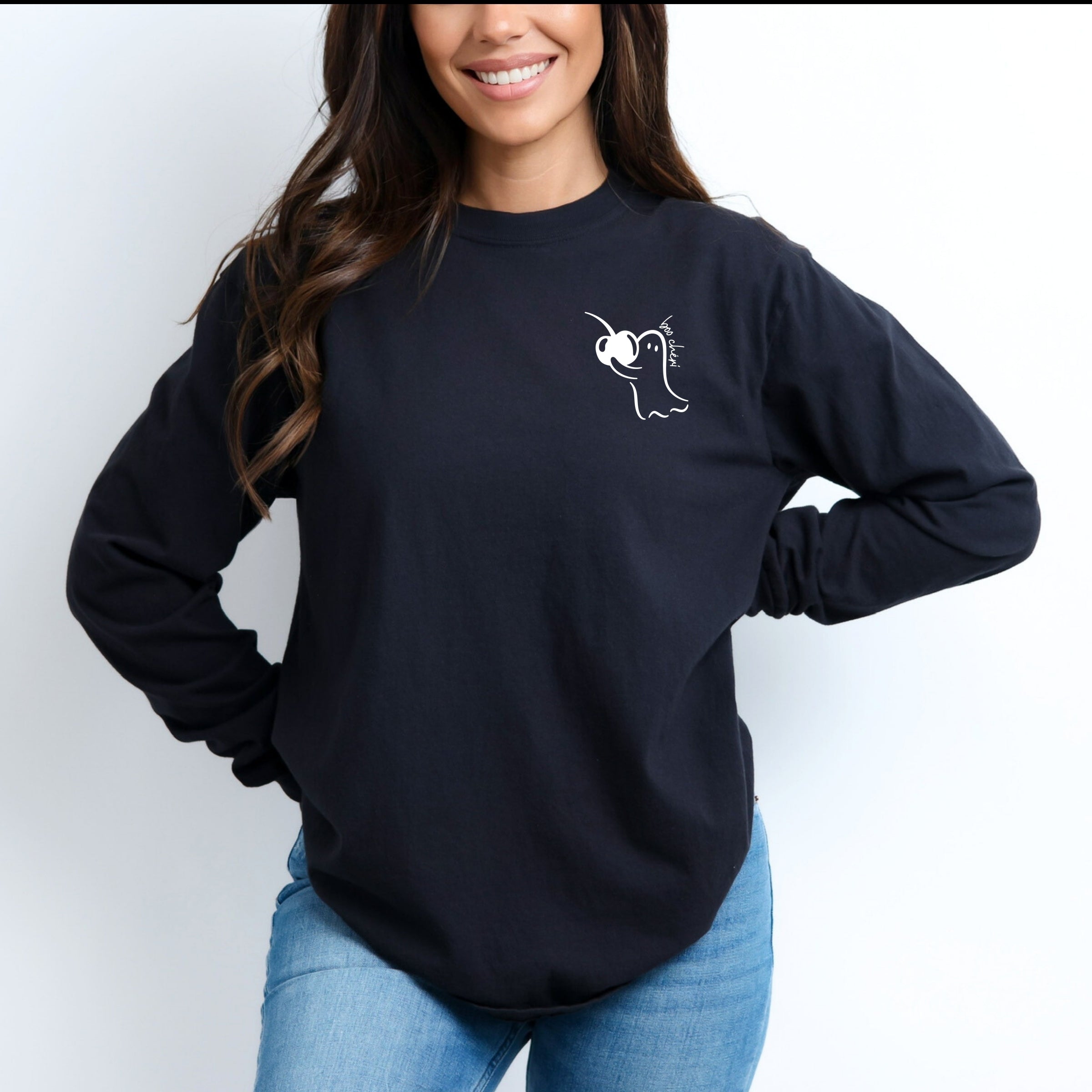 Boo Cheri Ghost - Women's Garment Dyed Long Sleeve Graphic T-Shirt