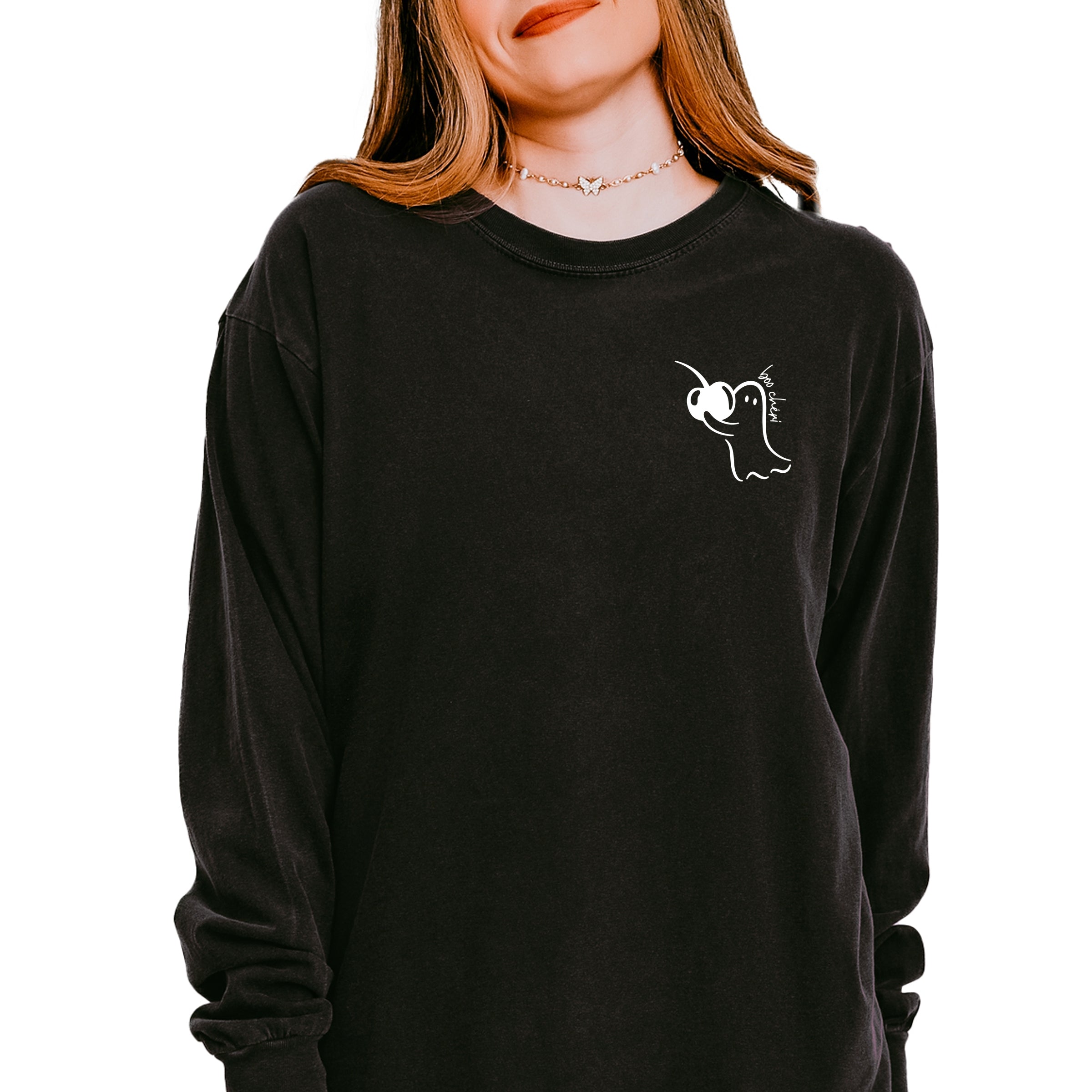 Boo Cheri Ghost - Women's Garment Dyed Long Sleeve Graphic T-Shirt