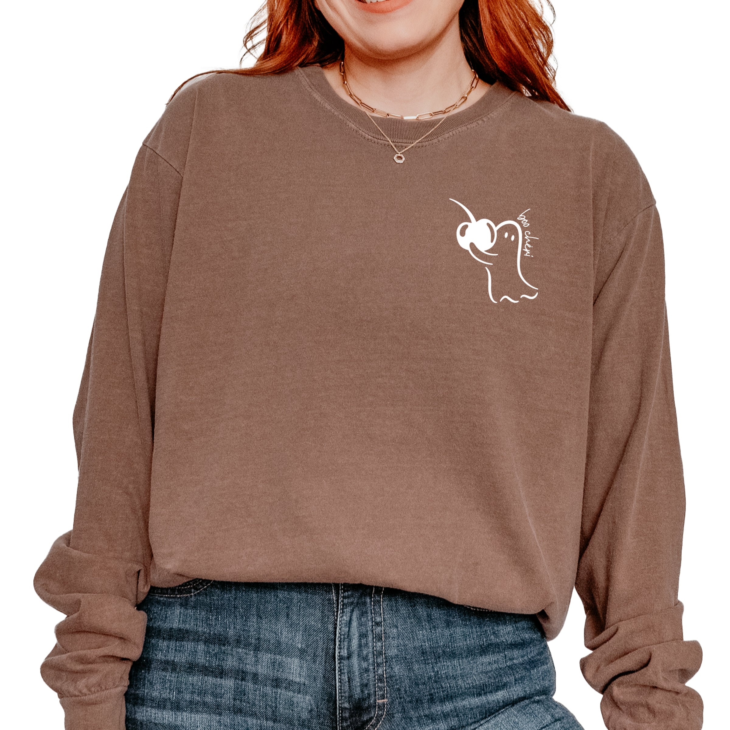 Boo Cheri Ghost - Women's Garment Dyed Long Sleeve Graphic T-Shirt