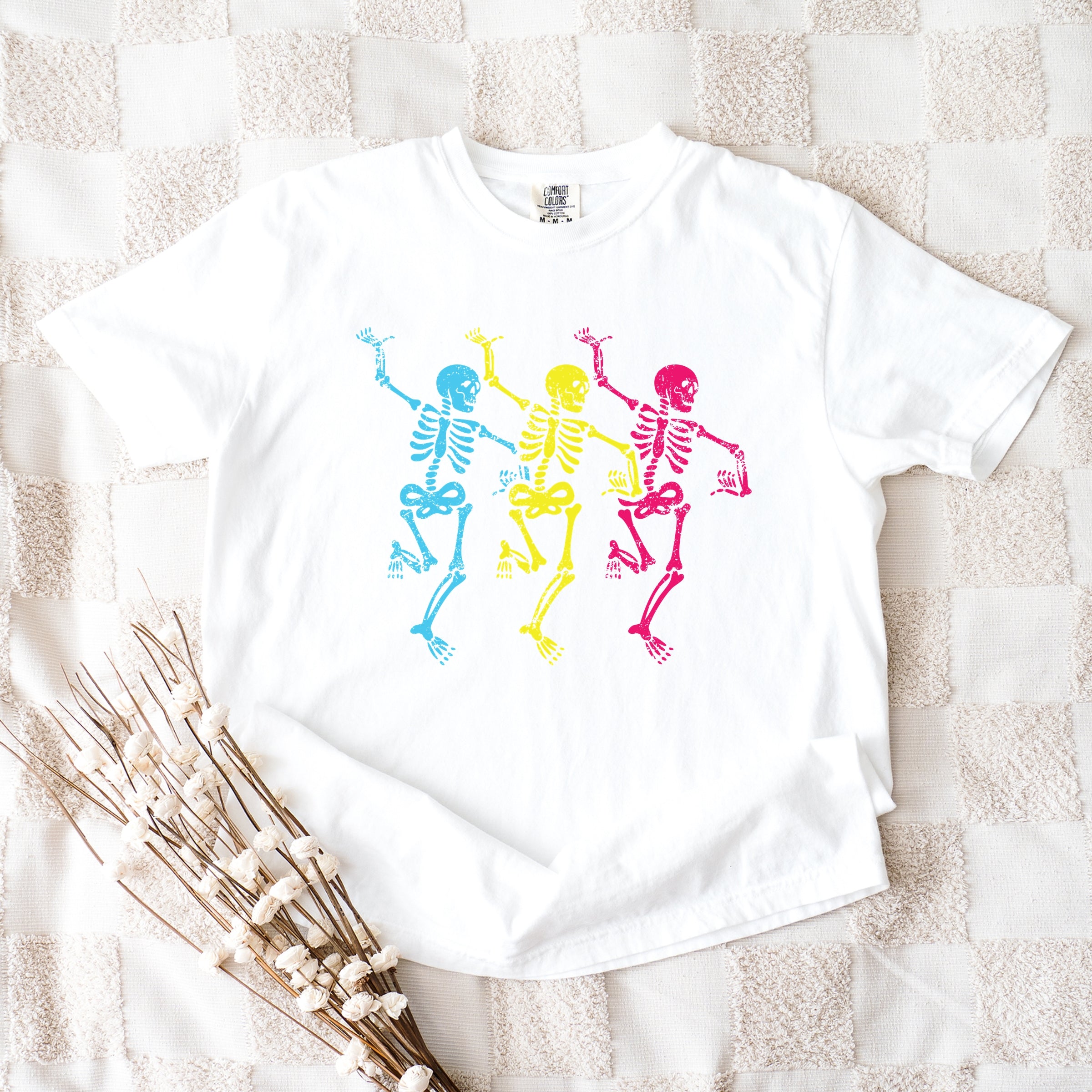 Three Skeletons Dancing Neon - Women's Garment Dyed Graphic T-Shirt